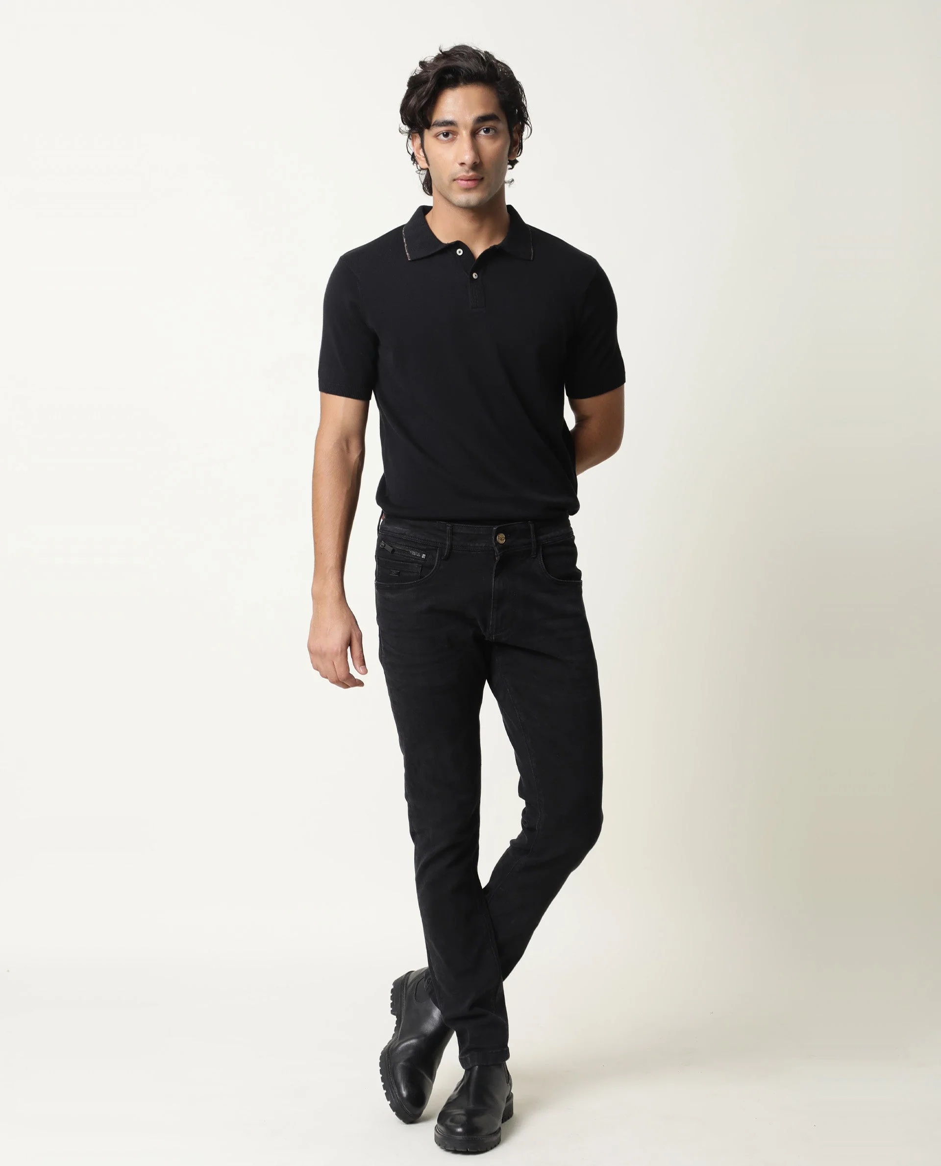 Rare Rabbit Men's Kefa Black Cotton Plain Slim Fit Half Sleeve Polo - Image 3