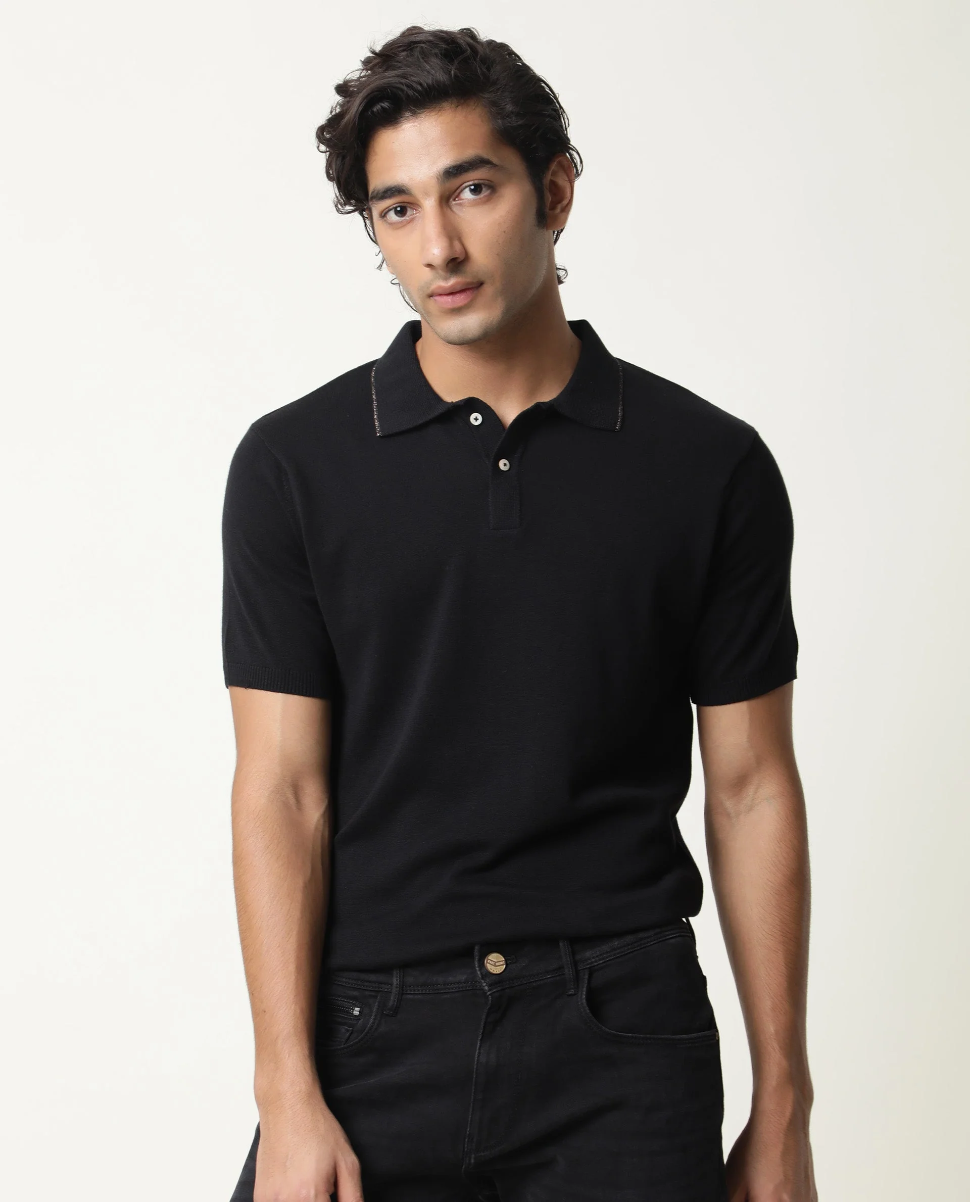 Rare Rabbit Men's Kefa Black Cotton Plain Slim Fit Half Sleeve Polo - Image 4