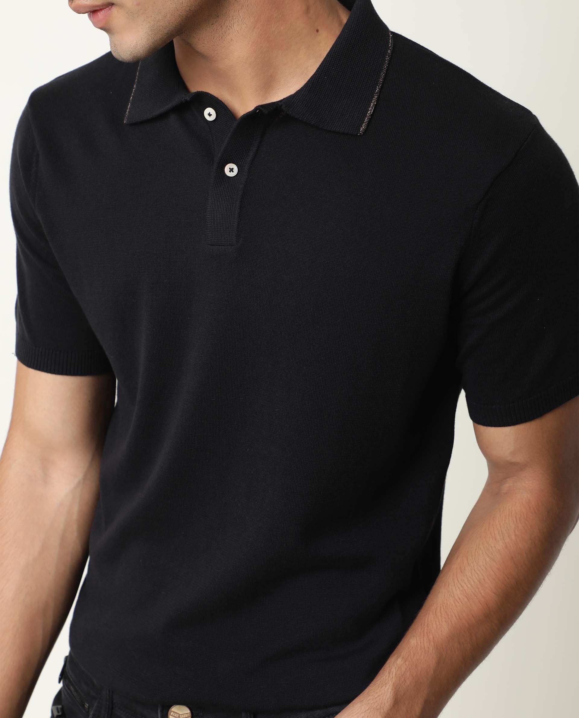 Rare Rabbit Men's Kefa Black Cotton Plain Slim Fit Half Sleeve Polo - Image 5