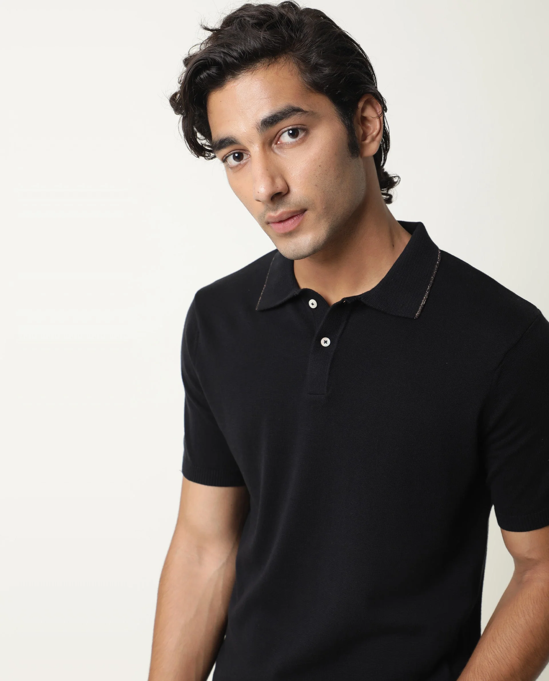 Rare Rabbit Men's Kefa Black Cotton Plain Slim Fit Half Sleeve Polo - Image 6