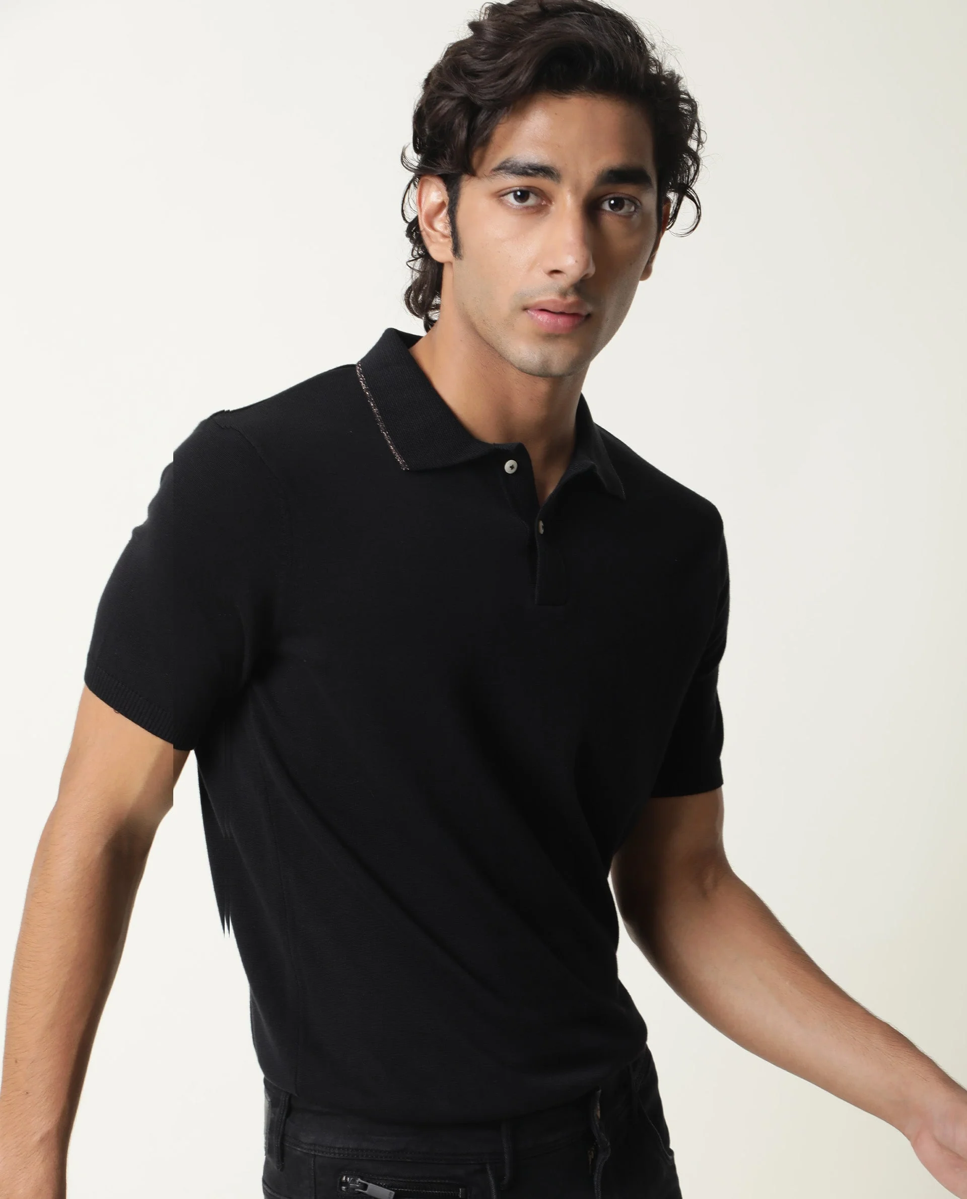 Rare Rabbit Men's Kefa Black Cotton Plain Slim Fit Half Sleeve Polo - Image 7