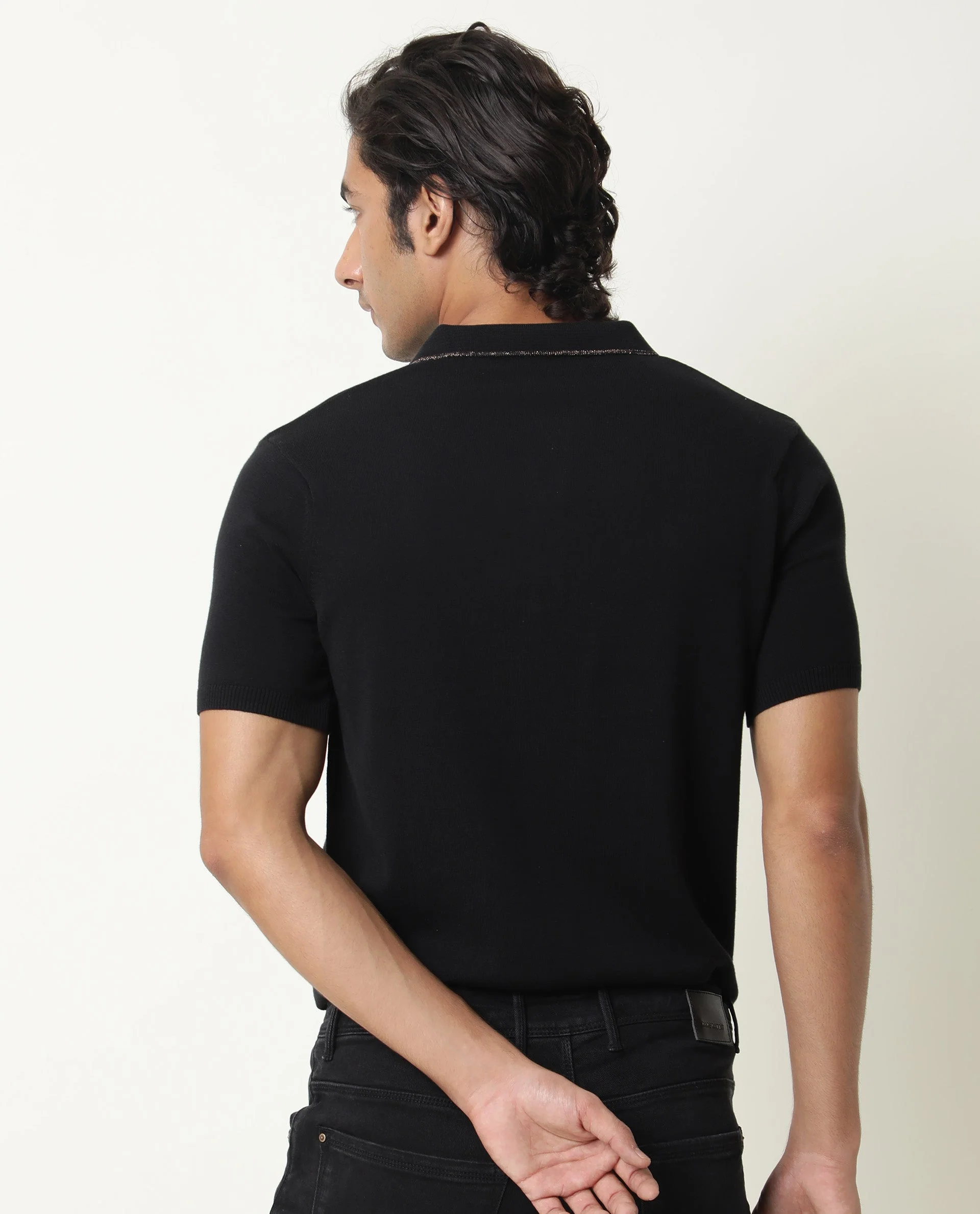 Rare Rabbit Men's Kefa Black Cotton Plain Slim Fit Half Sleeve Polo - Image 8