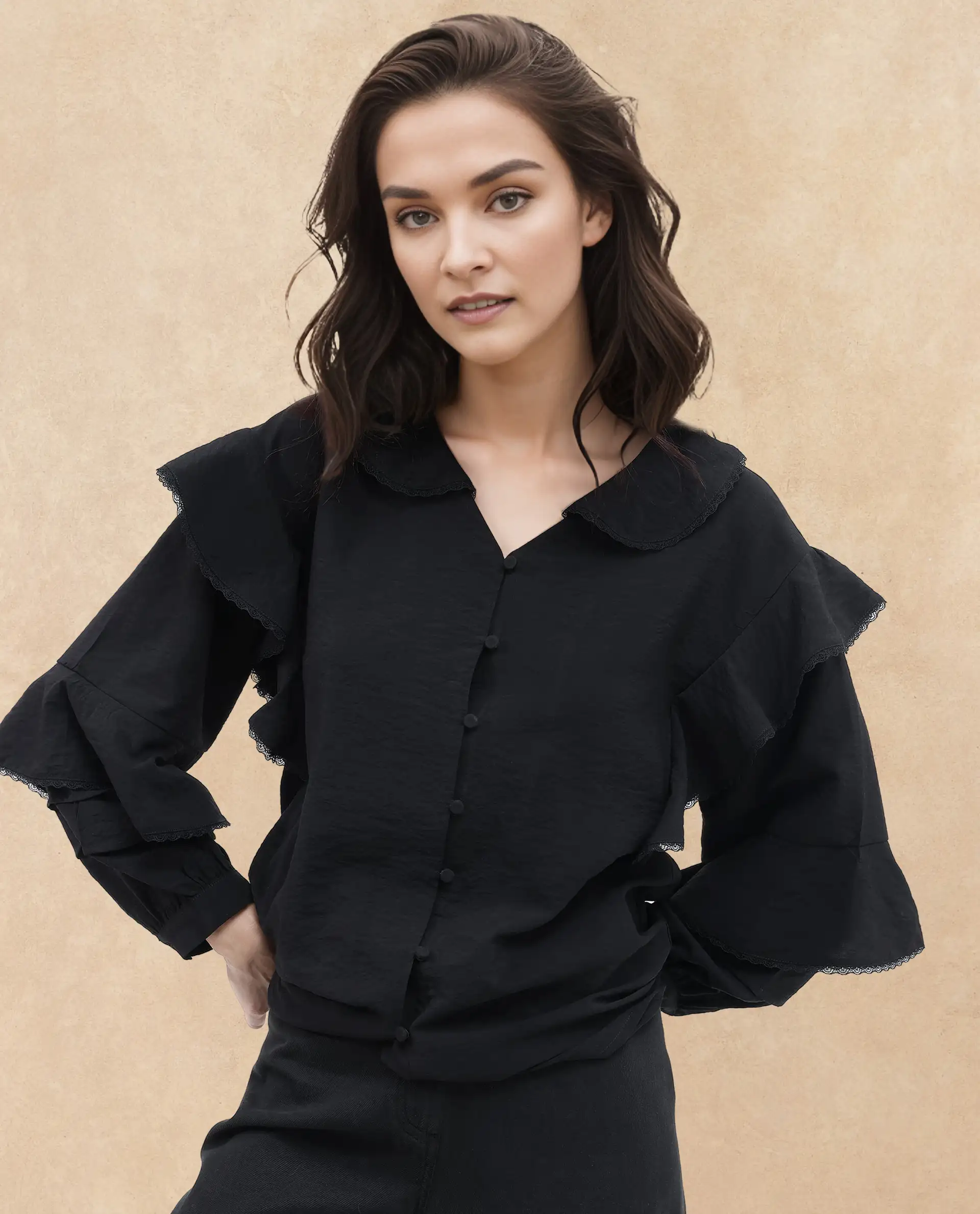 Rareism Women's Kei-T Black Nylon Blend Peter Pan Collar Plain Bishop Sleeve Relaxed Fit Top