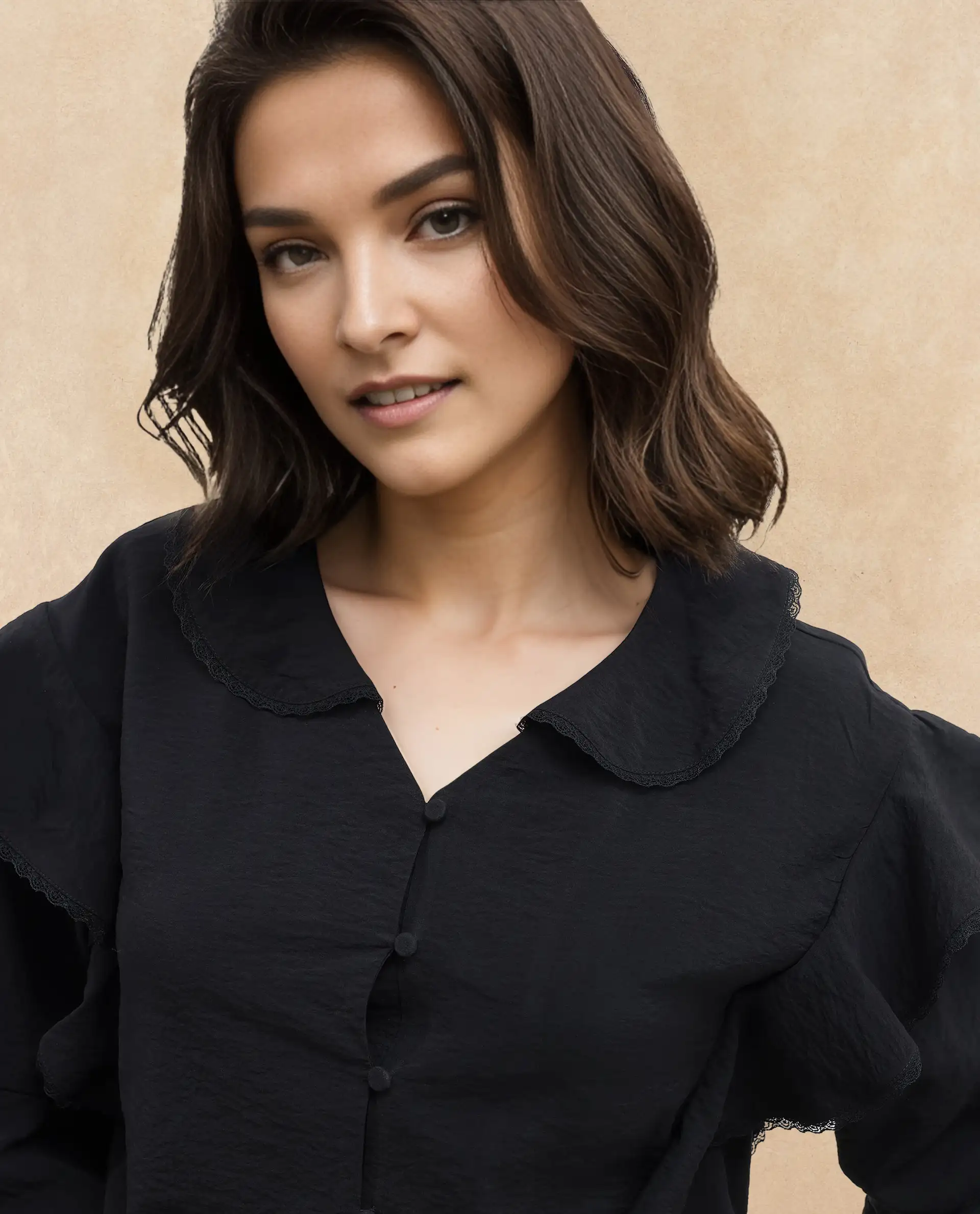 Rareism Women's Kei-T Black Nylon Blend Peter Pan Collar Plain Bishop Sleeve Relaxed Fit Top - Image 2