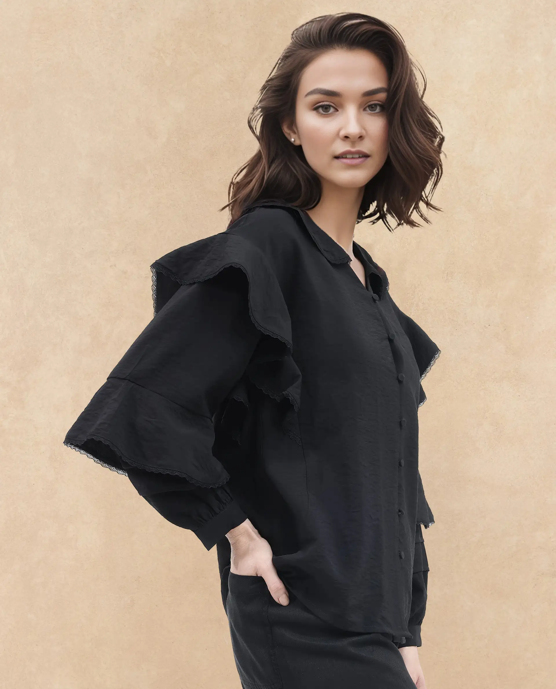 Rareism Women's Kei-T Black Nylon Blend Peter Pan Collar Plain Bishop Sleeve Relaxed Fit Top - Image 3
