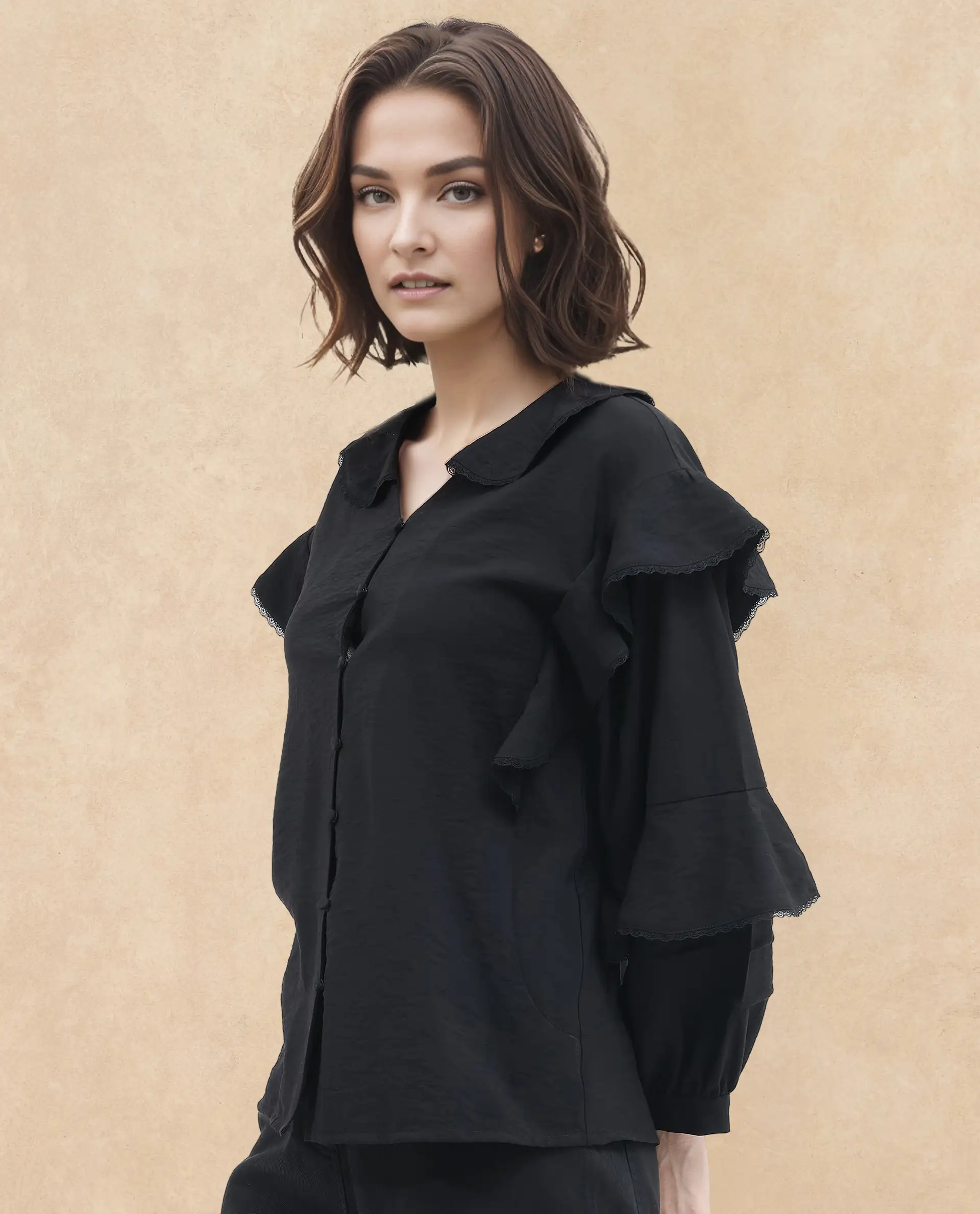 Rareism Women's Kei-T Black Nylon Blend Peter Pan Collar Plain Bishop Sleeve Relaxed Fit Top - Image 4