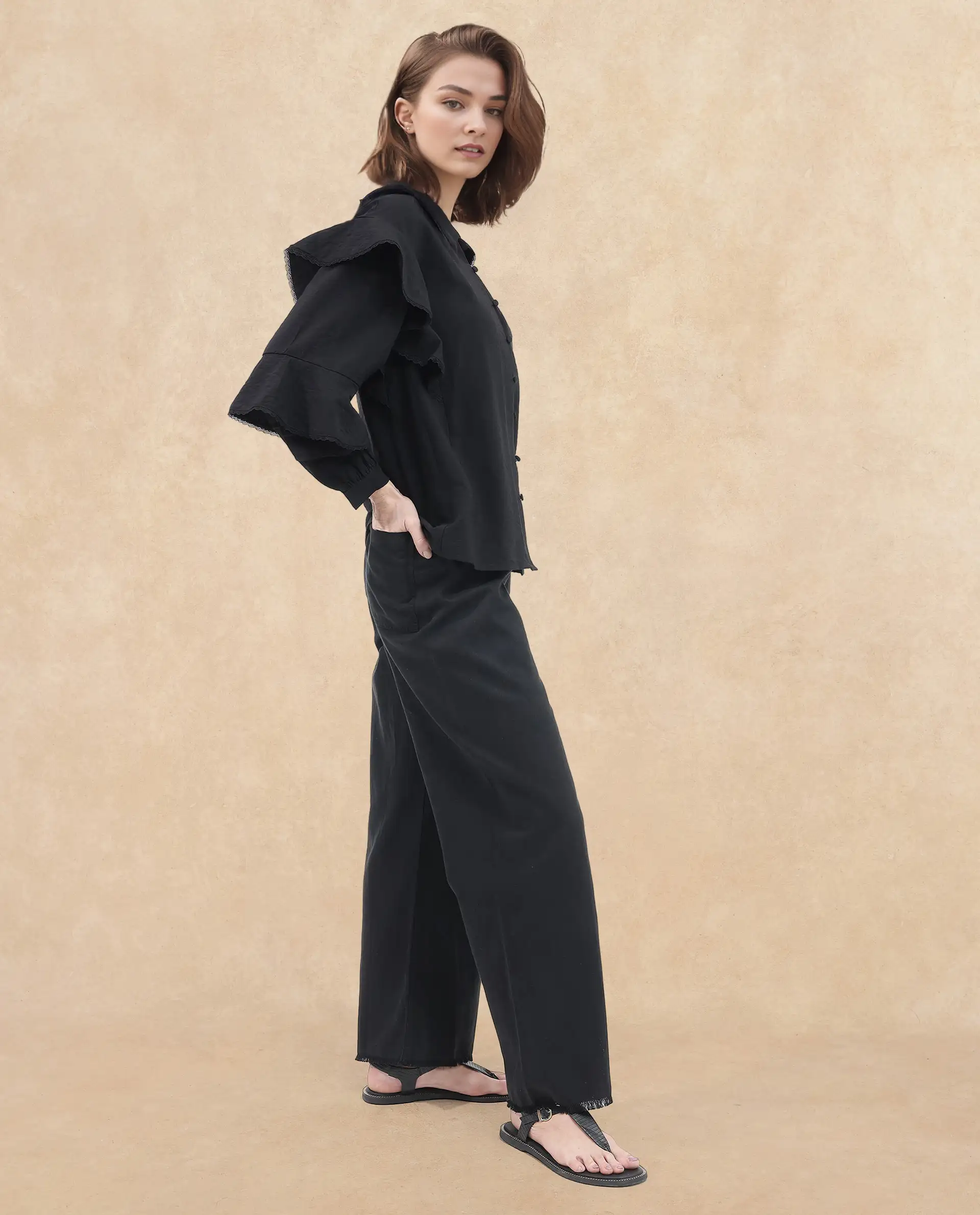 Rareism Women's Kei-T Black Nylon Blend Peter Pan Collar Plain Bishop Sleeve Relaxed Fit Top - Image 5