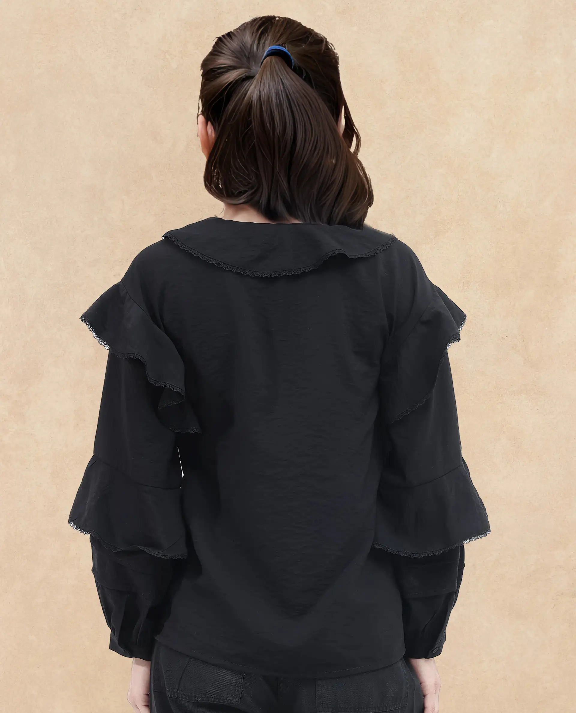 Rareism Women's Kei-T Black Nylon Blend Peter Pan Collar Plain Bishop Sleeve Relaxed Fit Top - Image 6