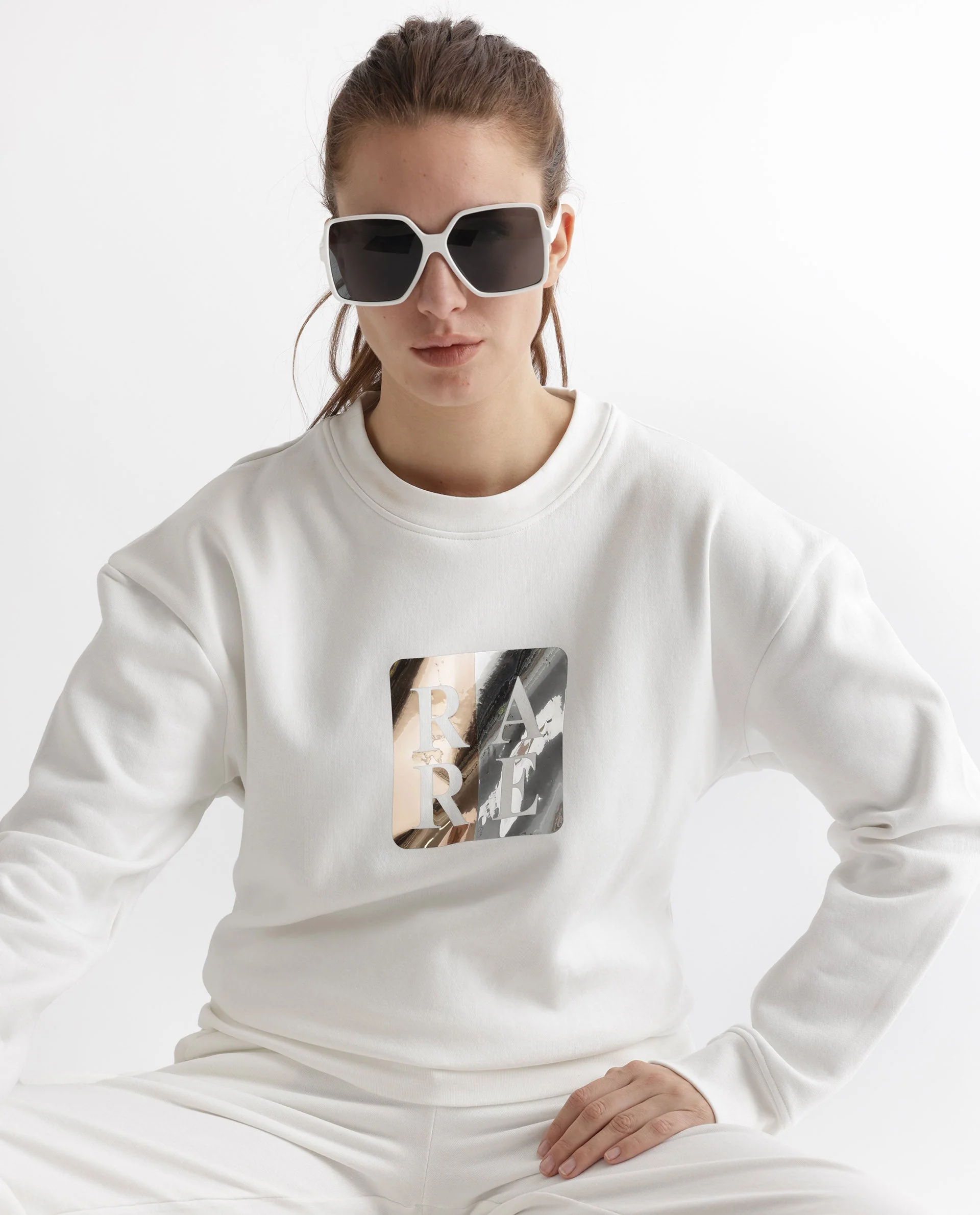 Rareism Women's Keith Off White Polyester Blend Crew Neck Graphic Print Relaxed Fit Sweatshirt - Image 7