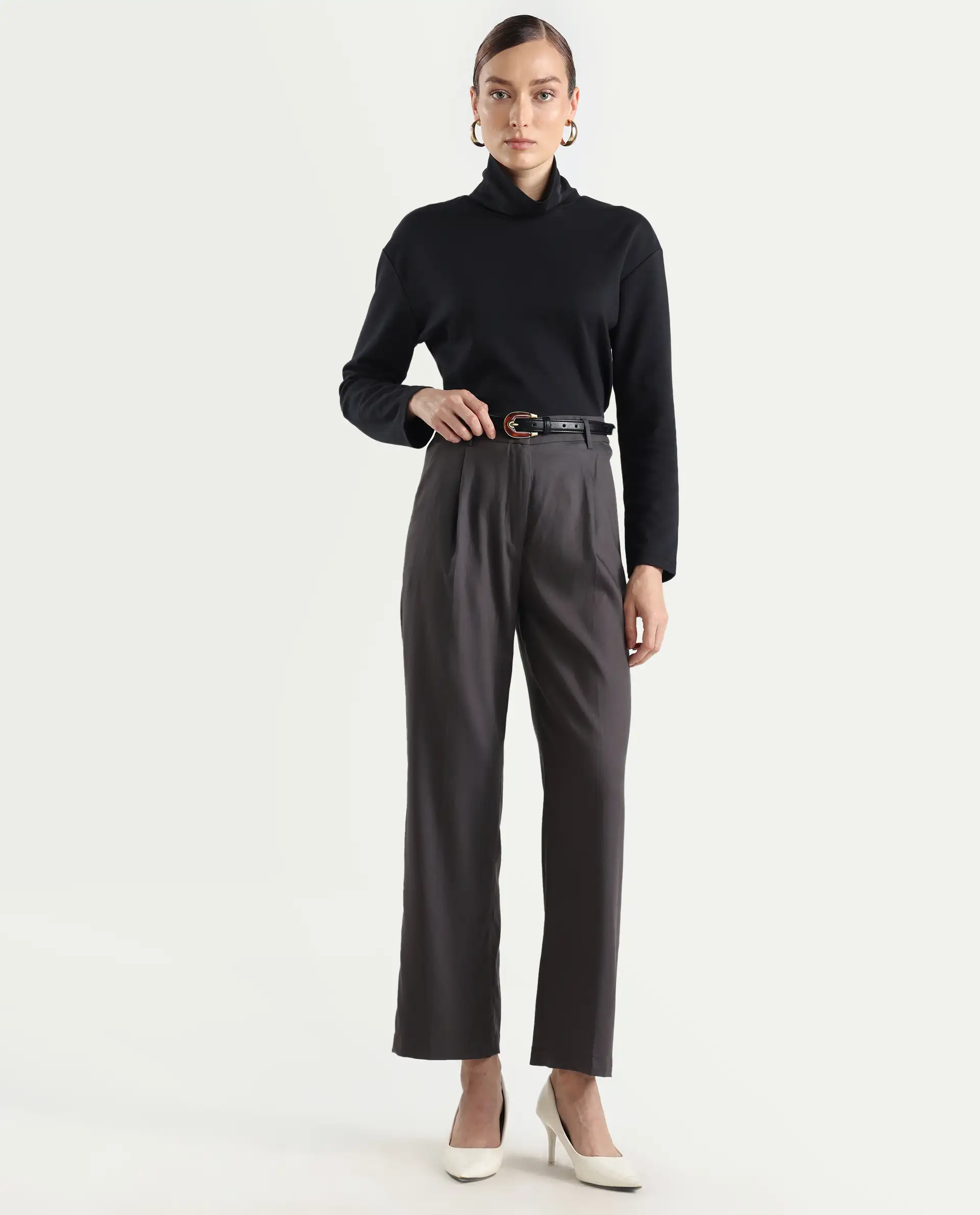 Rareism Women's Kekilli Grey Polyester Plain Ankle Length Wide Trouser