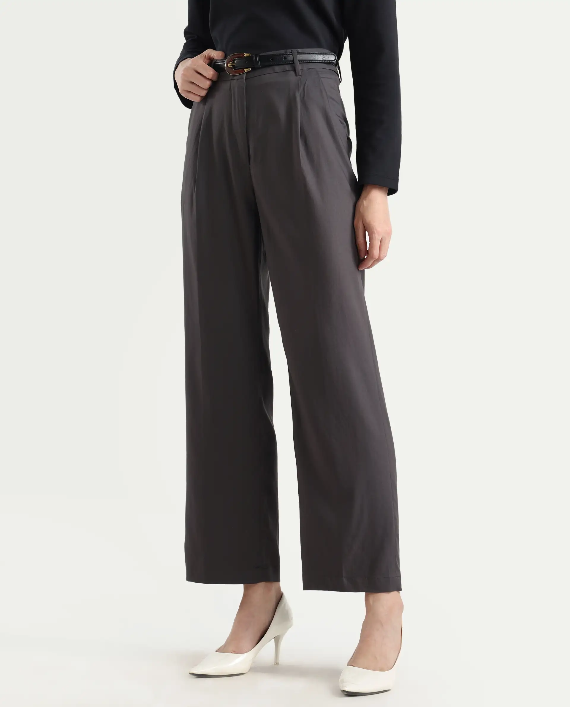 Rareism Women's Kekilli Grey Polyester Plain Ankle Length Wide Trouser - Image 2