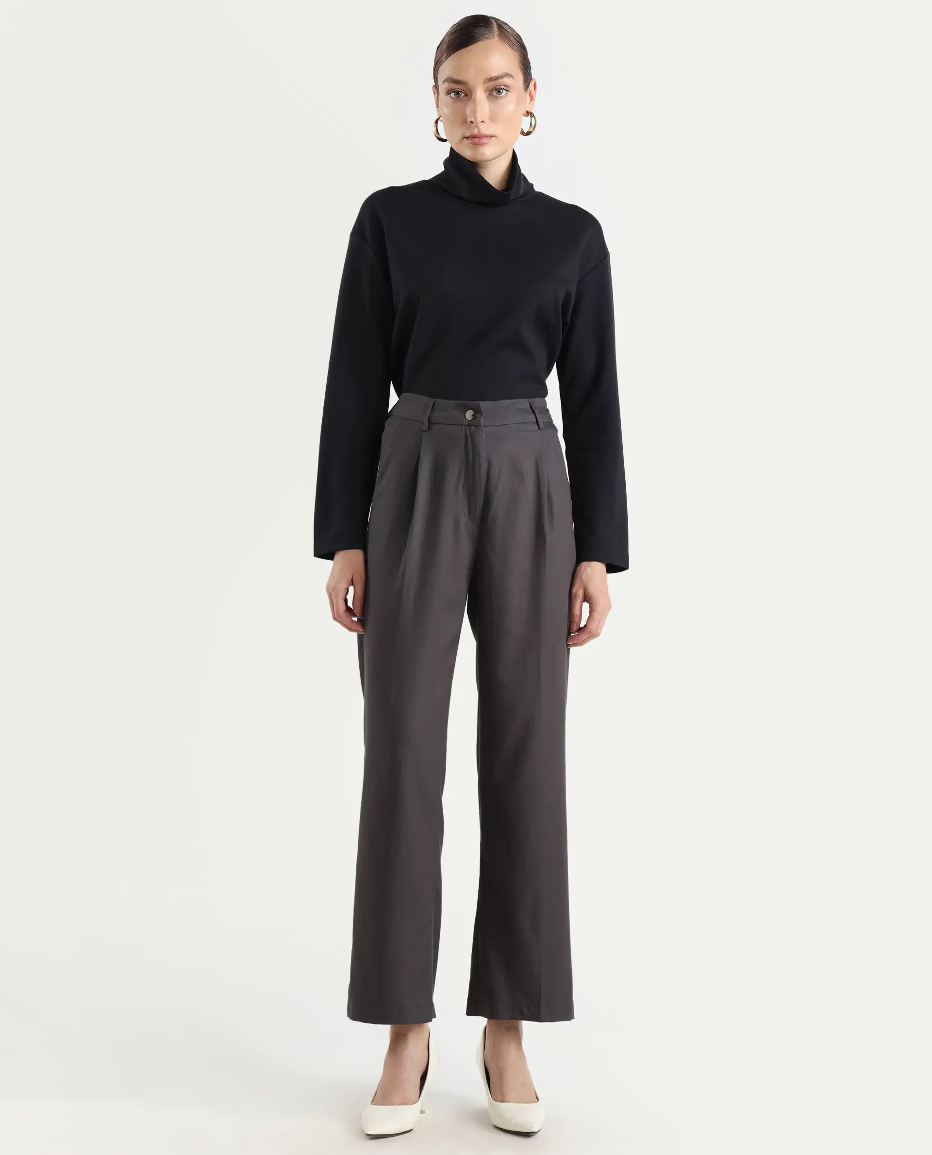 Rareism Women's Kekilli Grey Polyester Plain Ankle Length Wide Trouser - Image 3