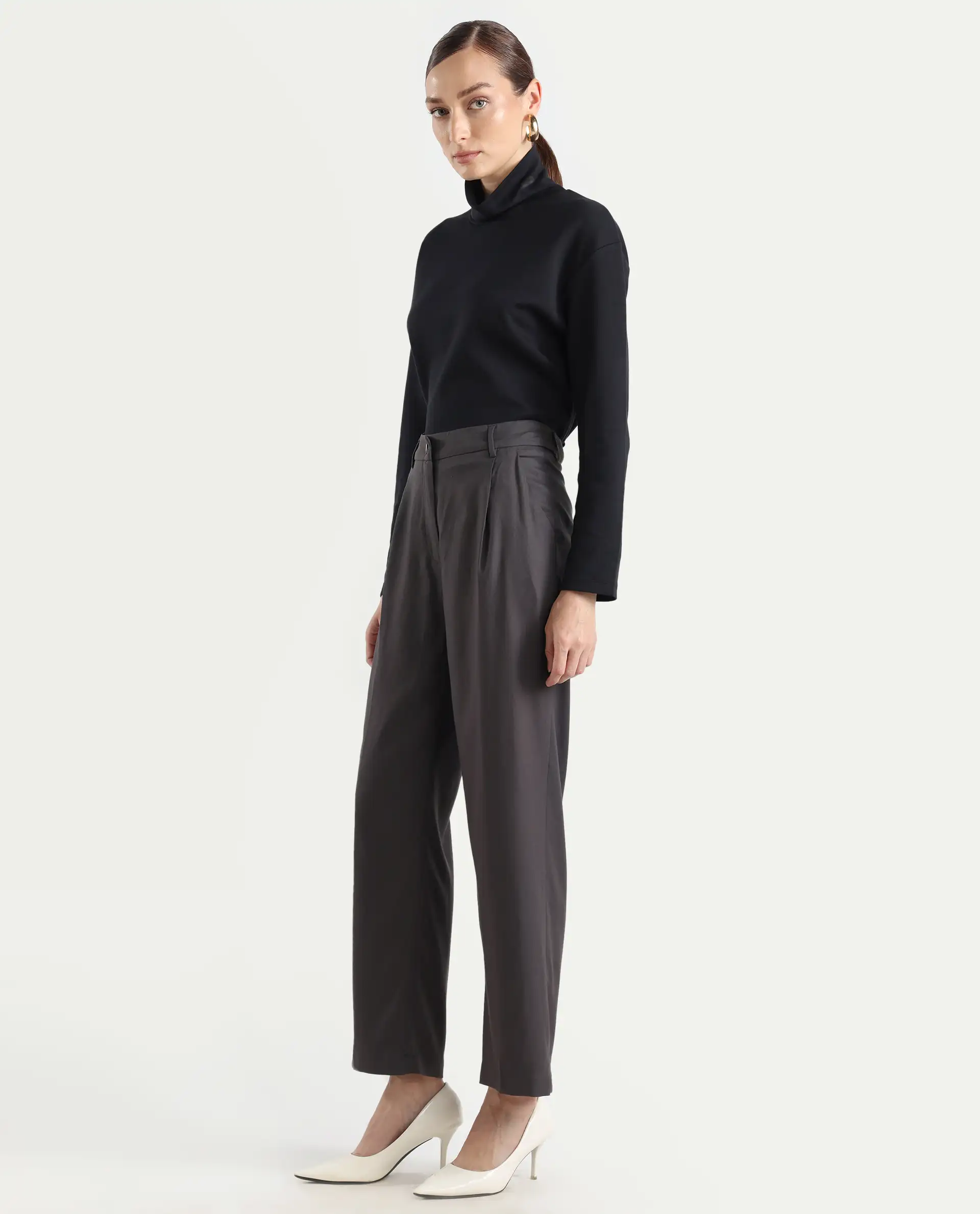 Rareism Women's Kekilli Grey Polyester Plain Ankle Length Wide Trouser - Image 5