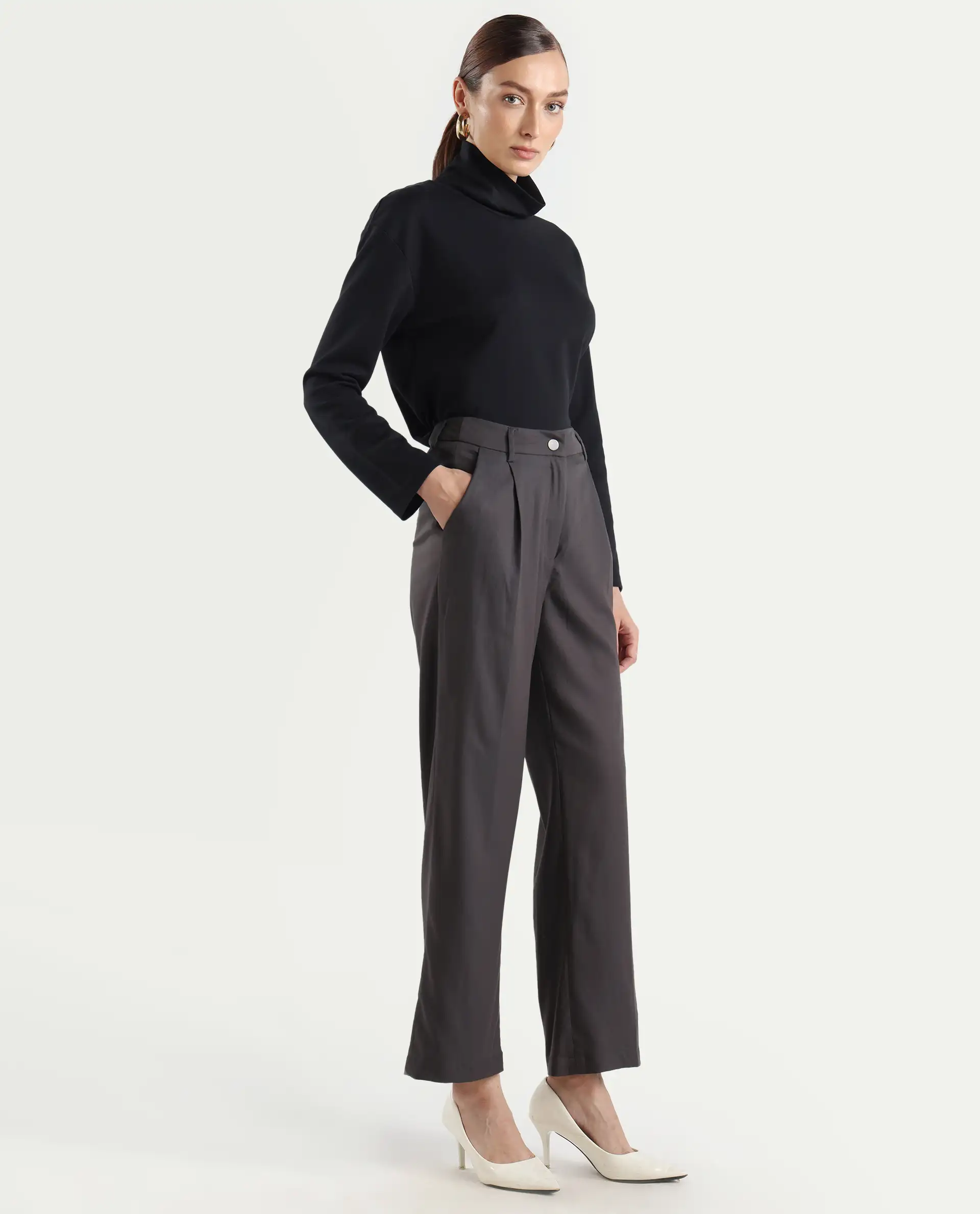 Rareism Women's Kekilli Grey Polyester Plain Ankle Length Wide Trouser - Image 6