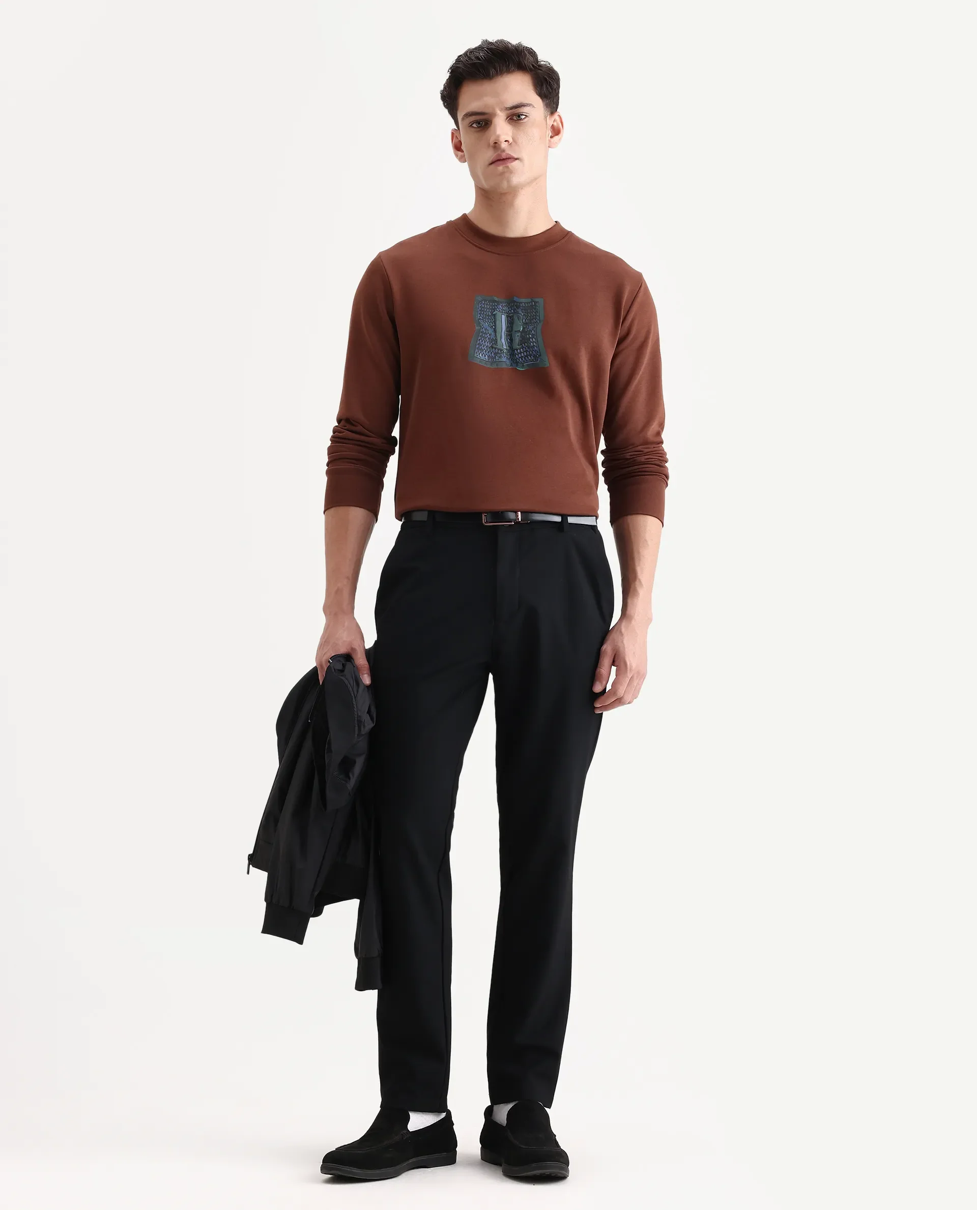 Rare Rabbit Men's Kel Dark Brown Cotton Blend Graphic Print Regular Fit Full Sleeve Crew Neck Sweatshirt - Image 2