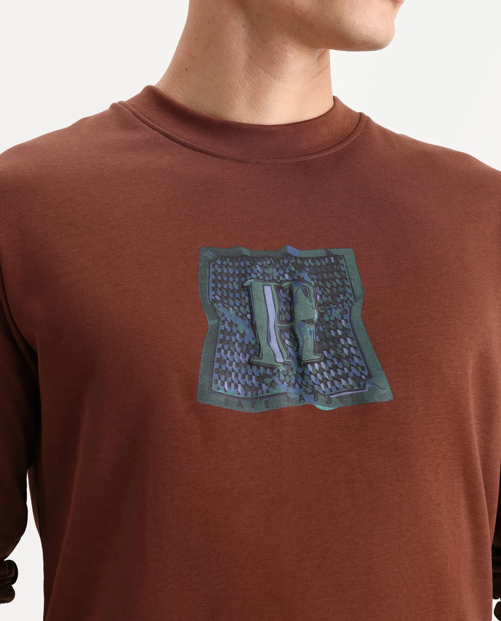 Rare Rabbit Men's Kel Dark Brown Cotton Blend Graphic Print Regular Fit Full Sleeve Crew Neck Sweatshirt - Image 3