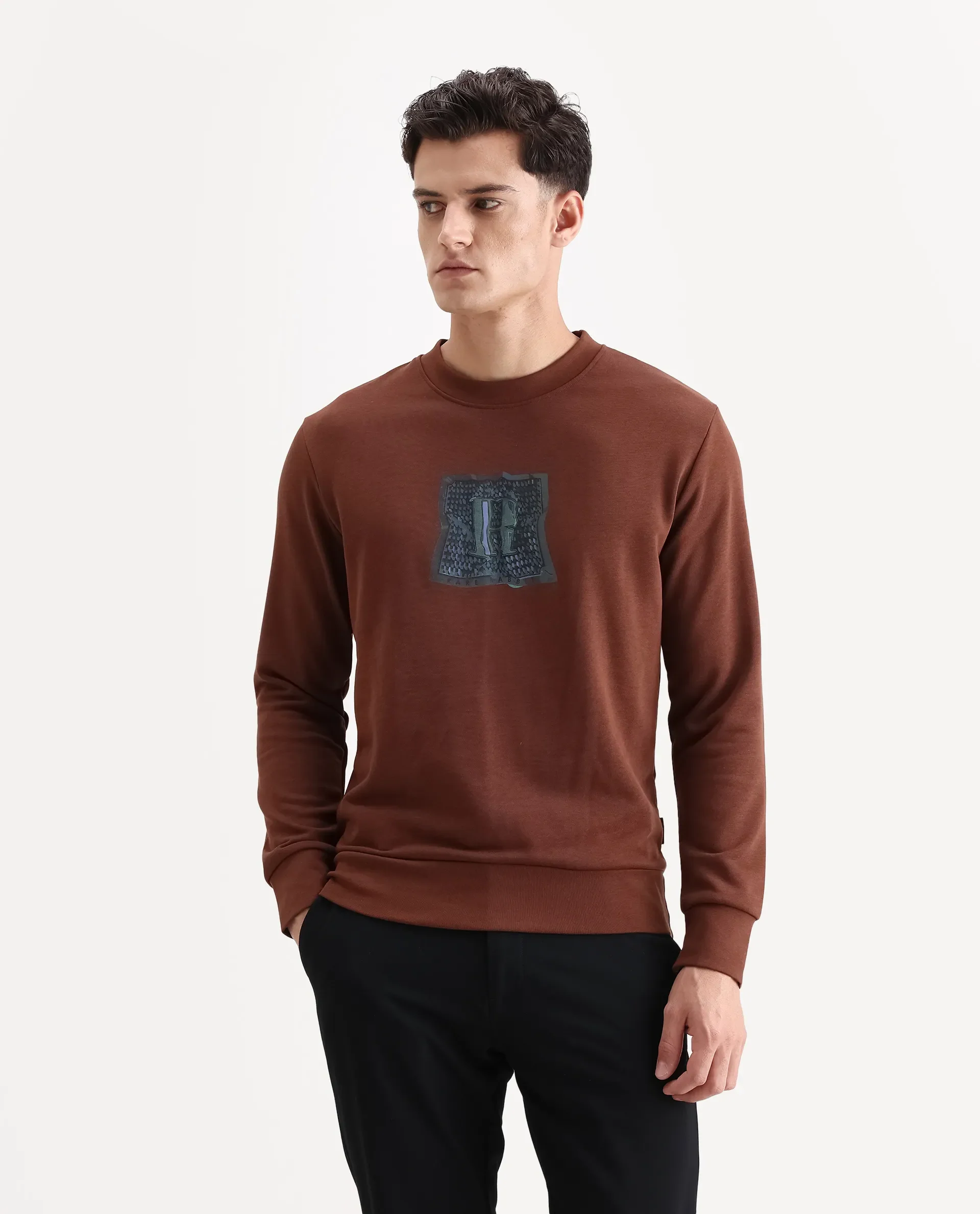 Rare Rabbit Men's Kel Dark Brown Cotton Blend Graphic Print Regular Fit Full Sleeve Crew Neck Sweatshirt - Image 4