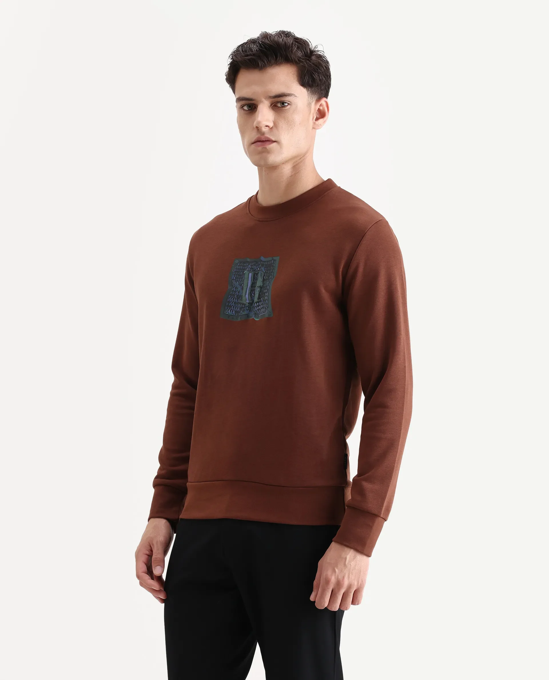 Rare Rabbit Men's Kel Dark Brown Cotton Blend Graphic Print Regular Fit Full Sleeve Crew Neck Sweatshirt - Image 5