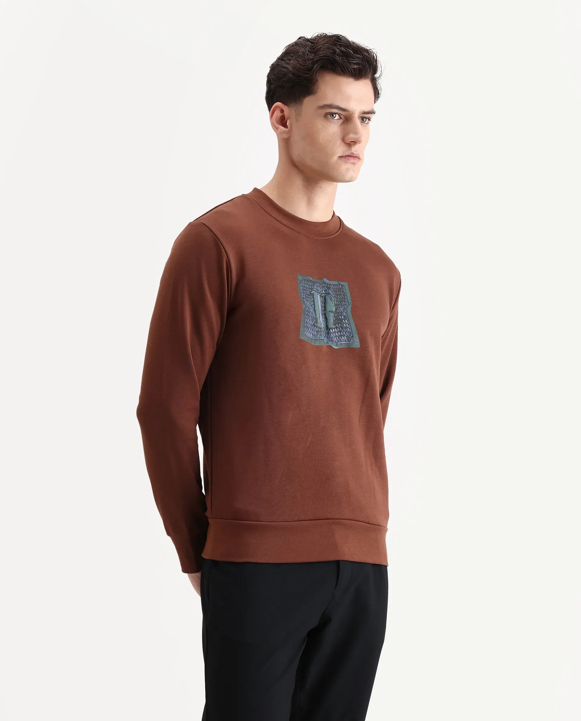 Rare Rabbit Men's Kel Dark Brown Cotton Blend Graphic Print Regular Fit Full Sleeve Crew Neck Sweatshirt - Image 6