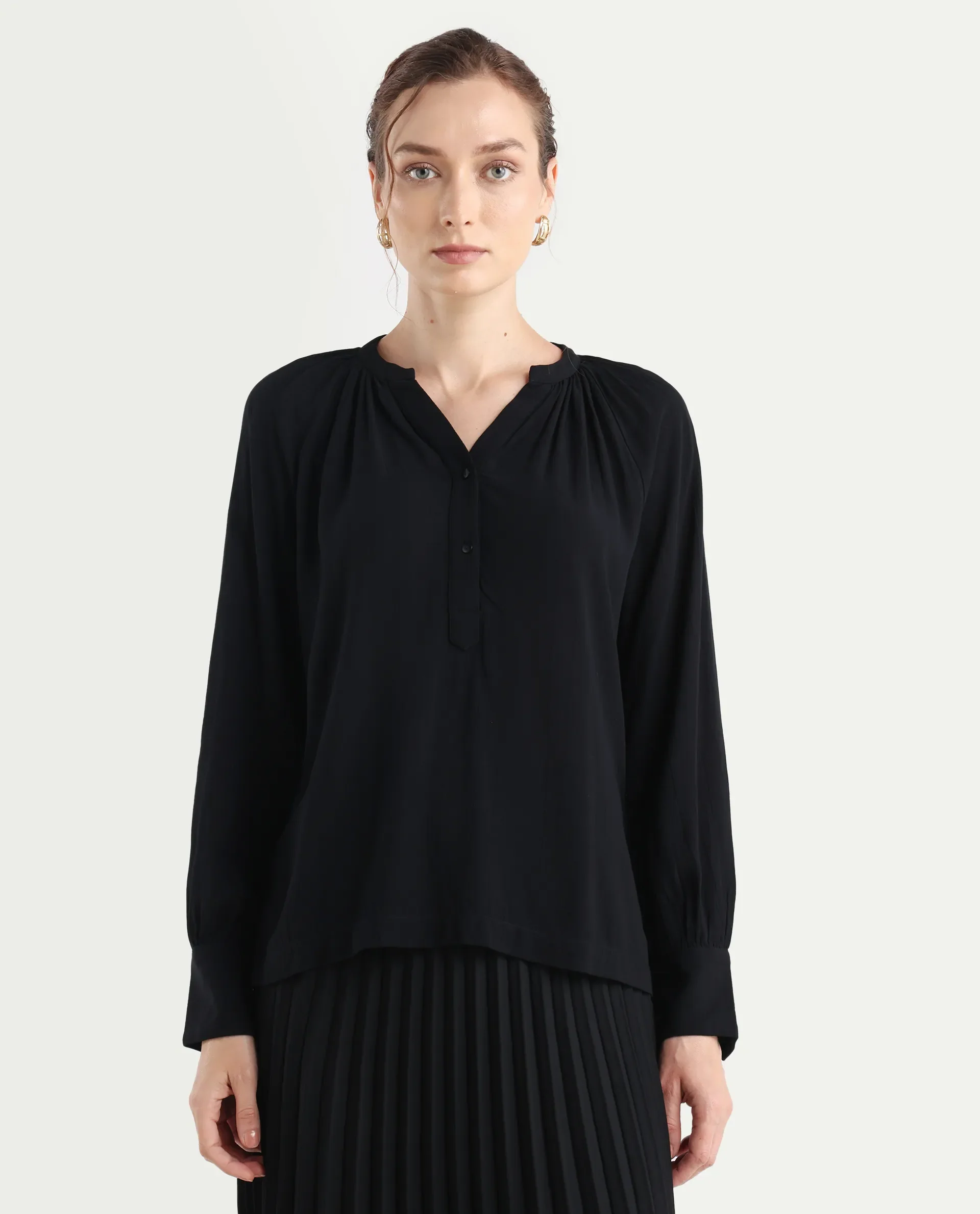 Rareism Women's Kella Black Mandarin Collar Plain Raglan Sleeve Regular Fit Top - Image 3