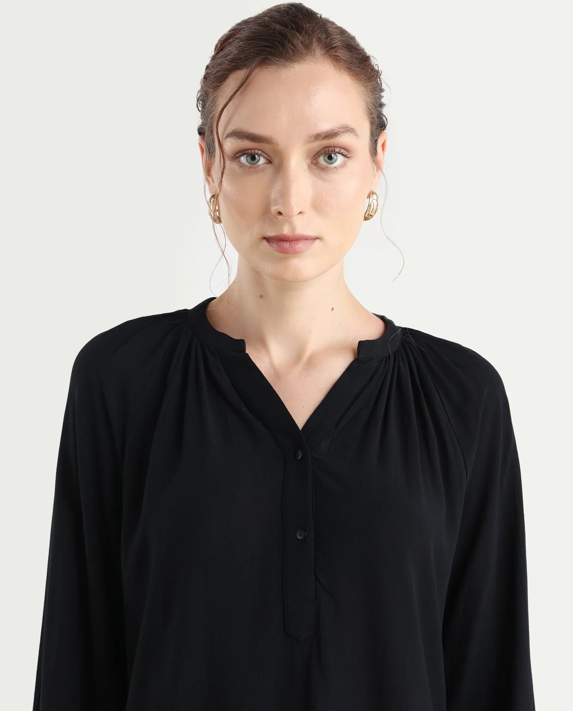 Rareism Women's Kella Black Mandarin Collar Plain Raglan Sleeve Regular Fit Top - Image 4