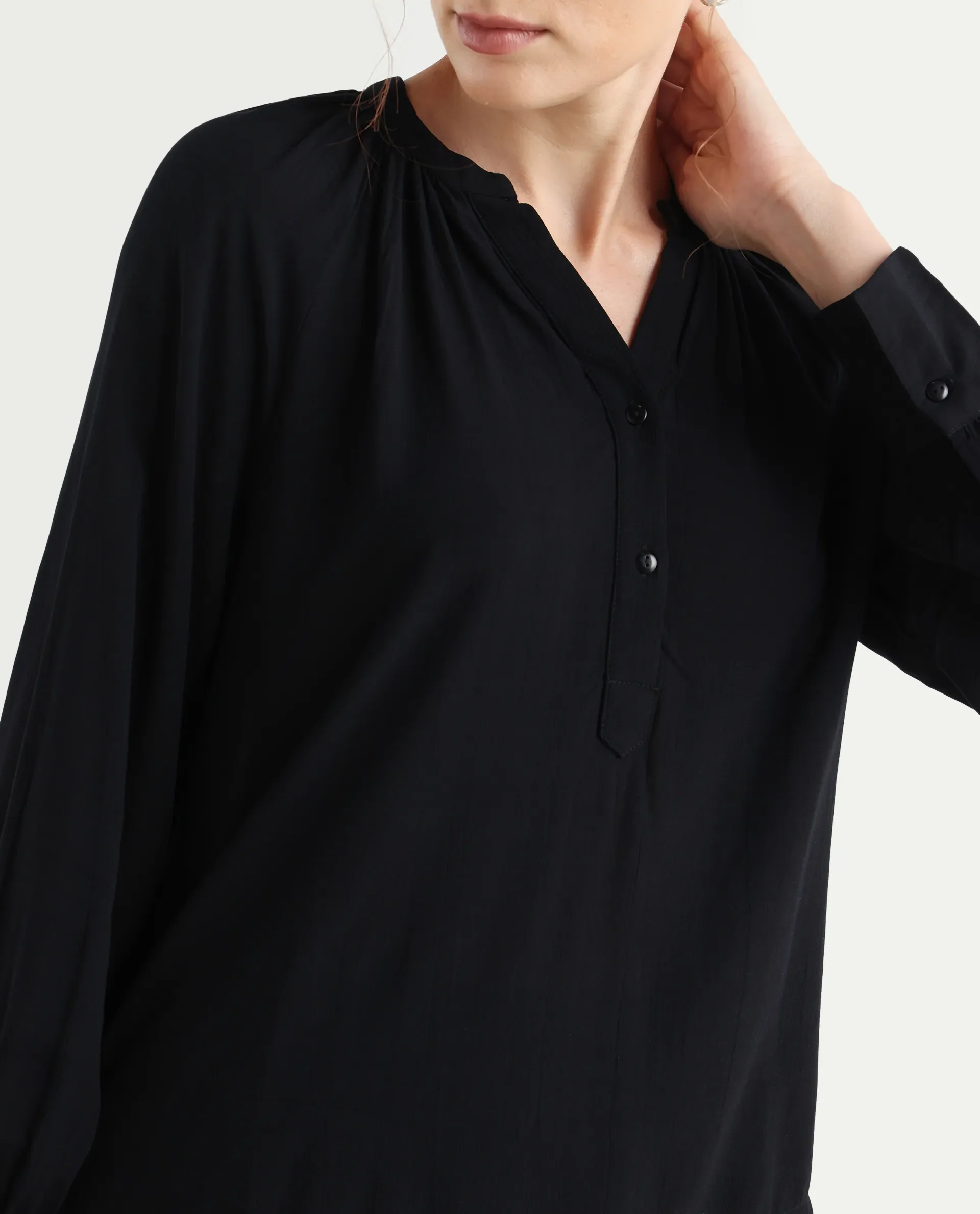Rareism Women's Kella Black Mandarin Collar Plain Raglan Sleeve Regular Fit Top - Image 5