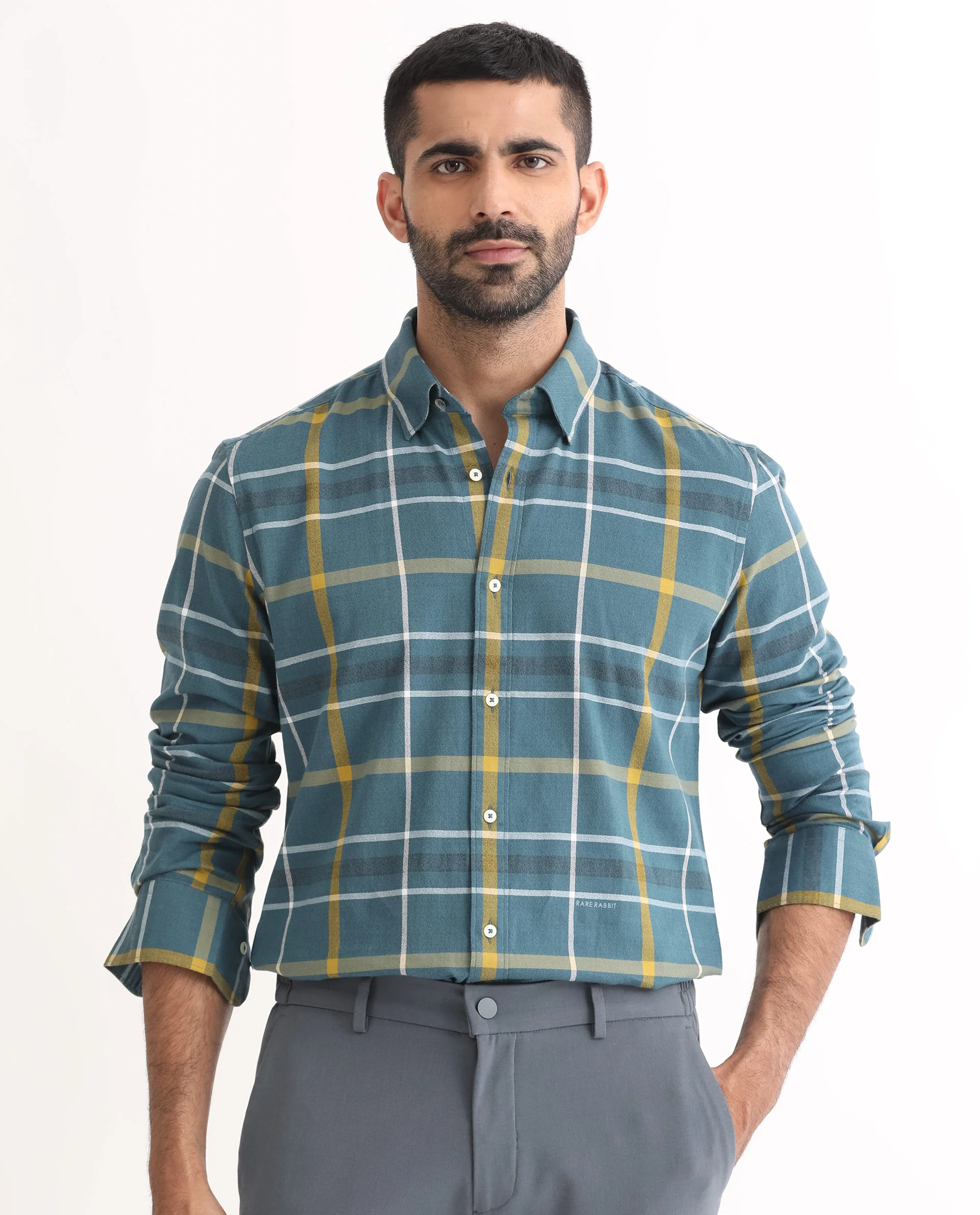 Rare Rabbit Men's Keller Navy Cotton Checked Print Regular Fit Full Sleeve Collared Shirt