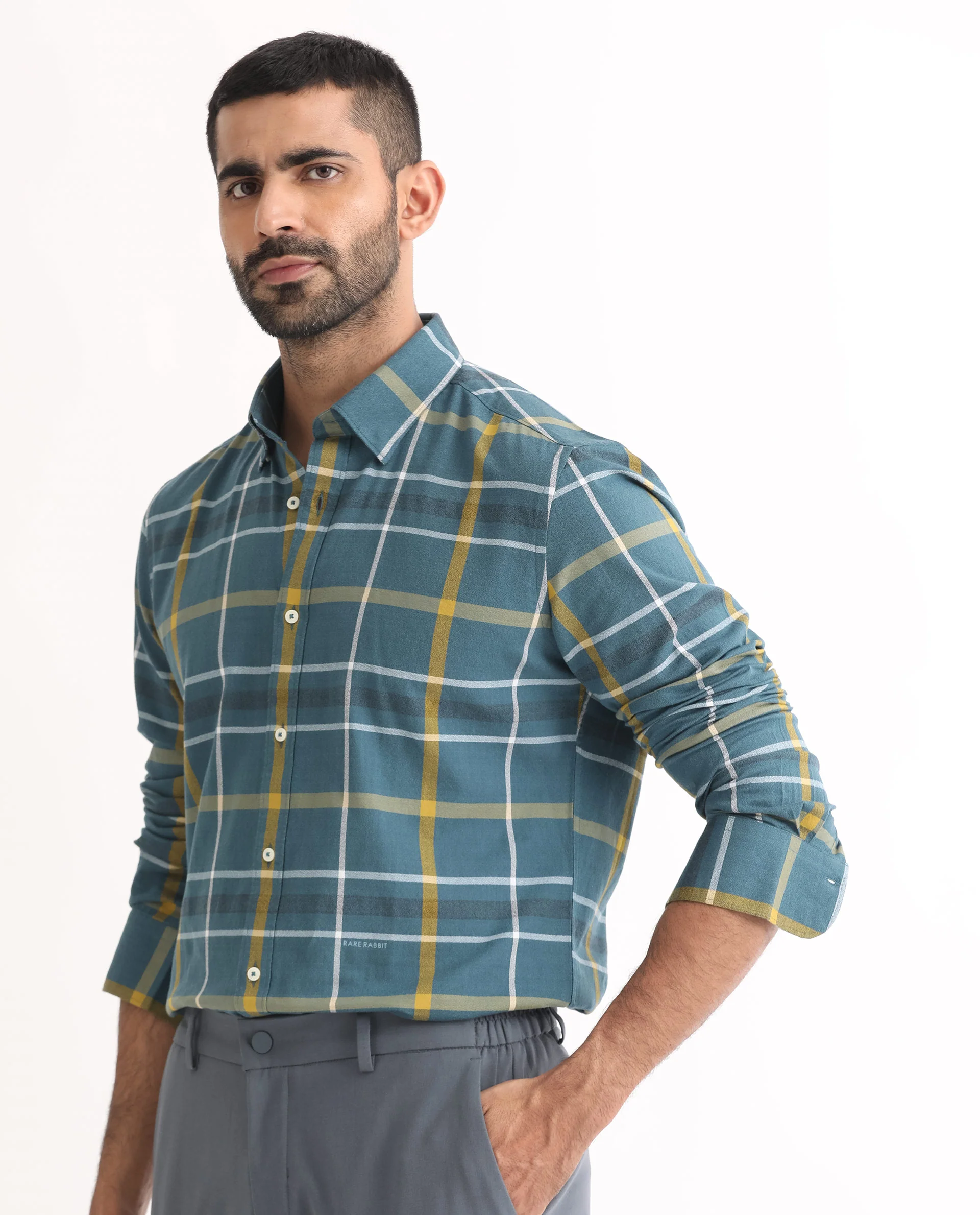Rare Rabbit Men's Keller Navy Cotton Checked Print Regular Fit Full Sleeve Collared Shirt - Image 3