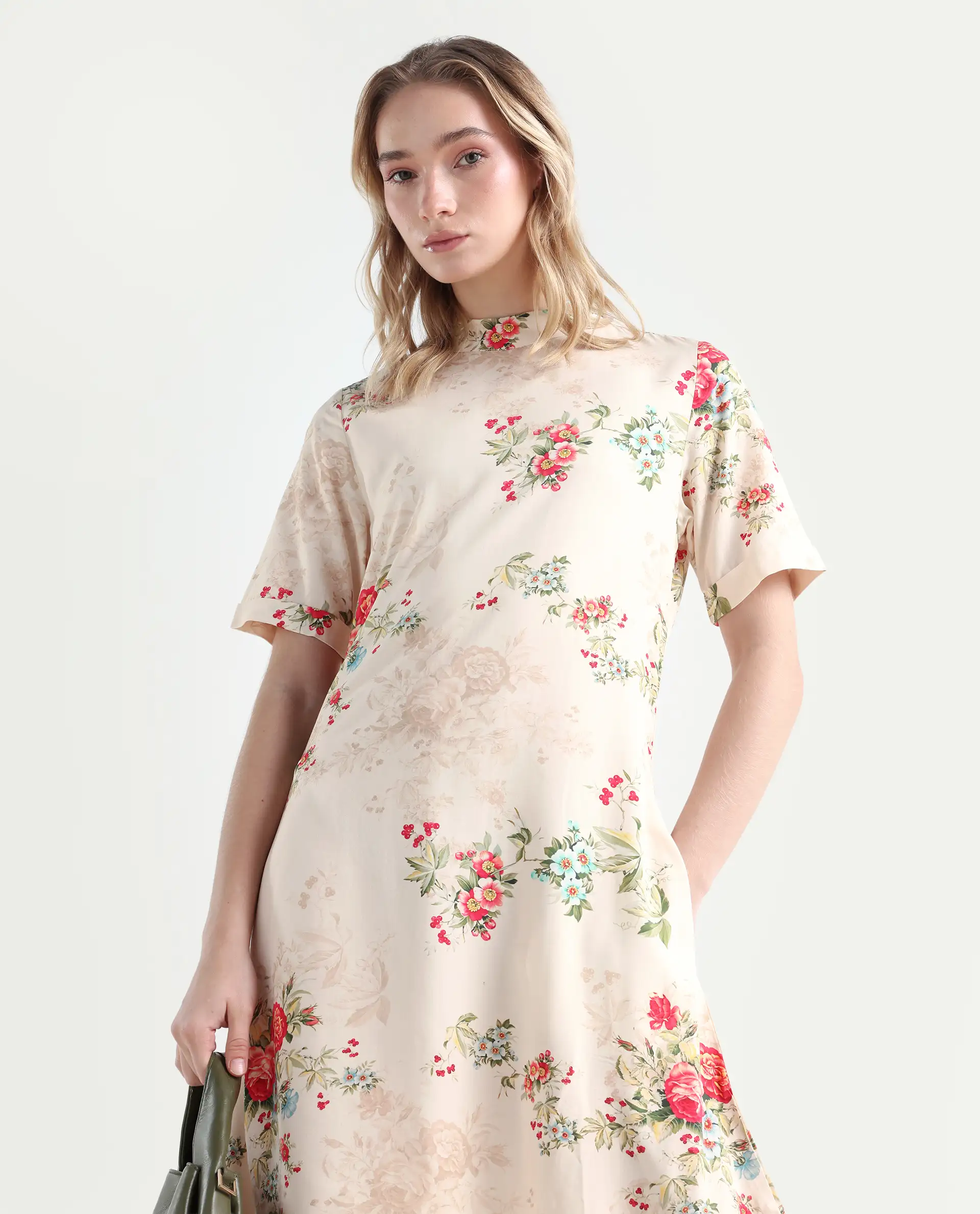 Rareism Women's Kellogs Light Multi Viscose High Neck Floral Print Knee Length Regular Fit Dress - Image 2
