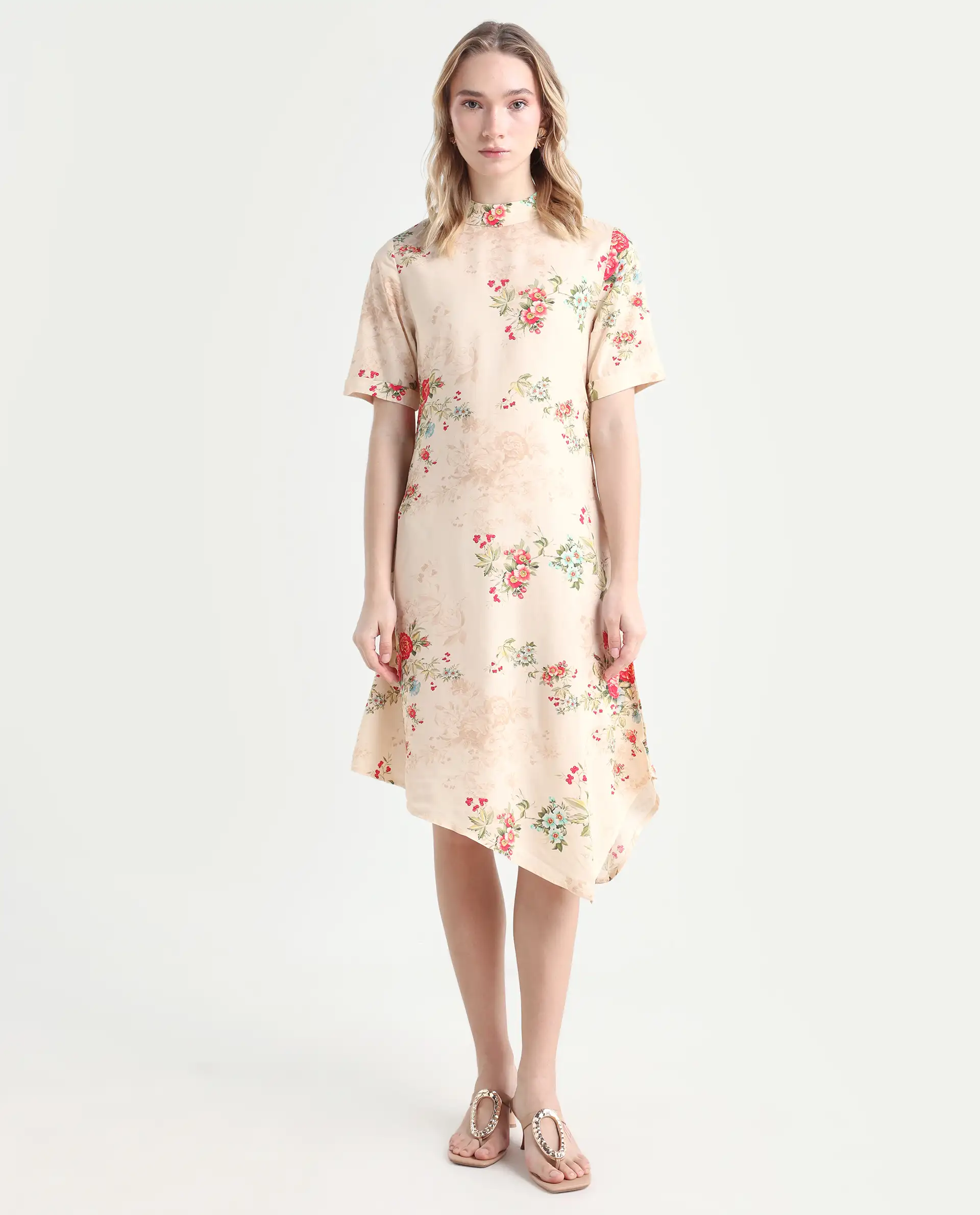 Rareism Women's Kellogs Light Multi Viscose High Neck Floral Print Knee Length Regular Fit Dress - Image 3