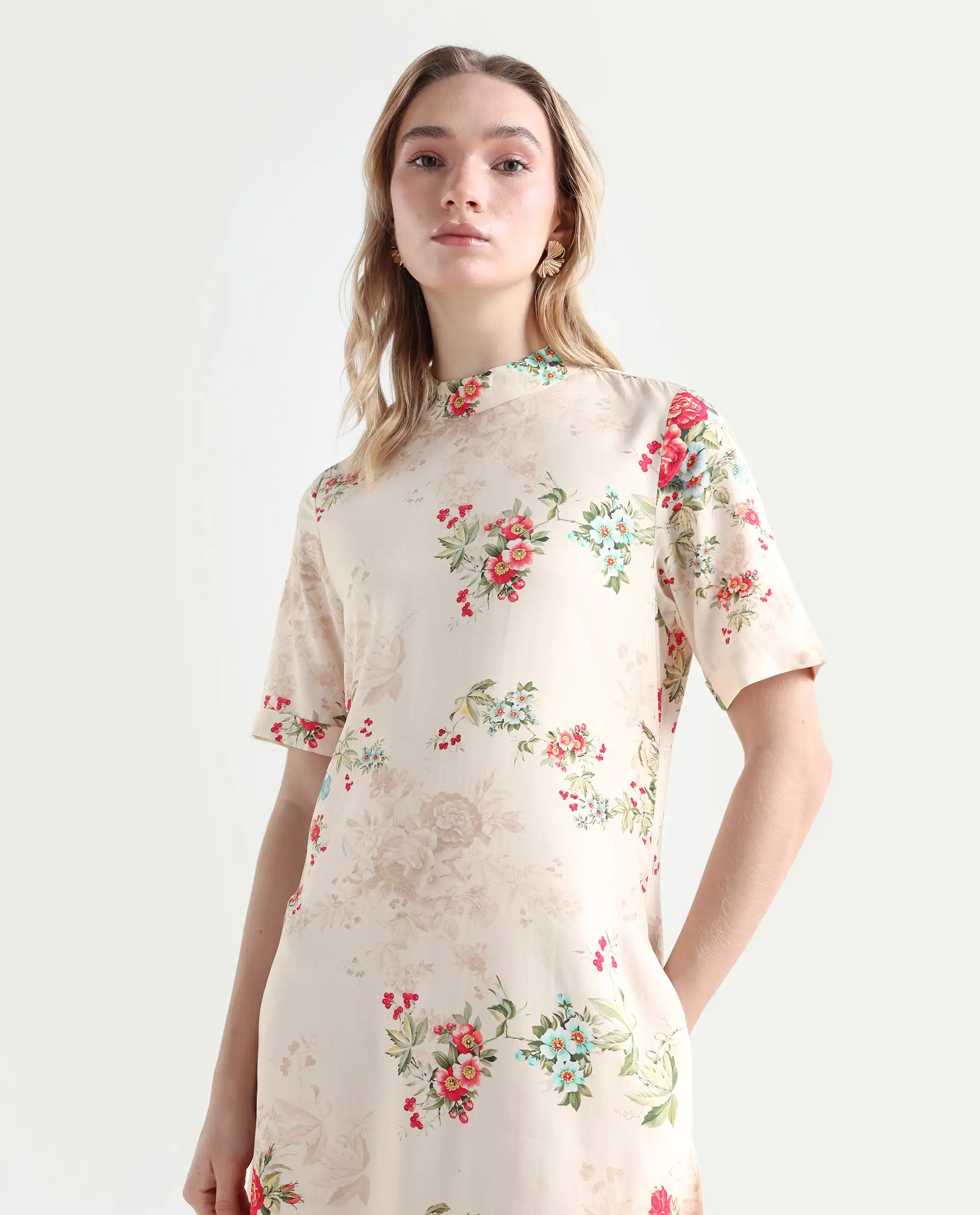 Rareism Women's Kellogs Light Multi Viscose High Neck Floral Print Knee Length Regular Fit Dress - Image 4
