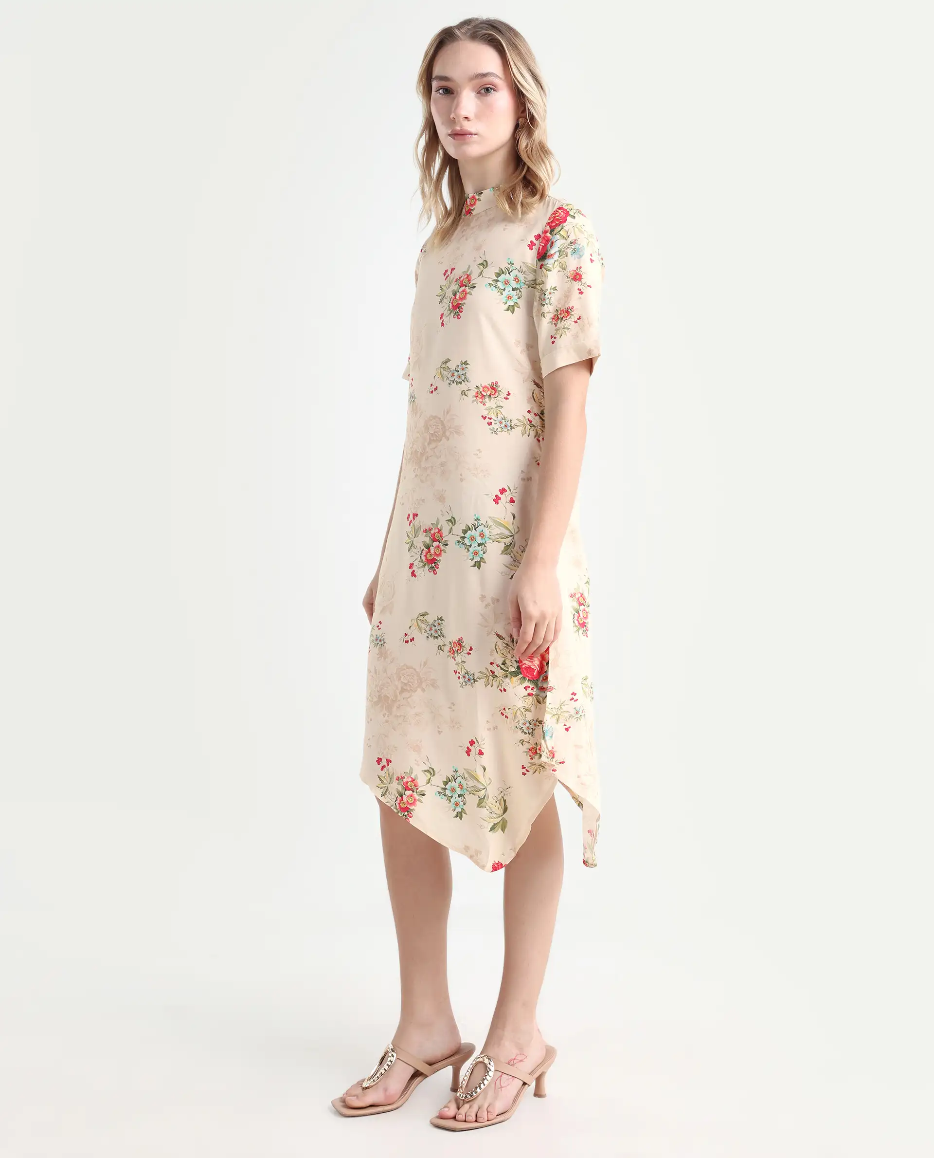 Rareism Women's Kellogs Light Multi Viscose High Neck Floral Print Knee Length Regular Fit Dress - Image 5