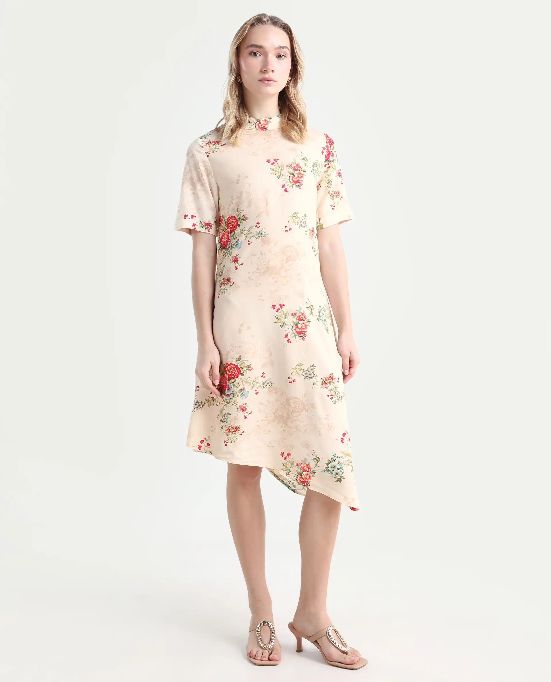 Rareism Women's Kellogs Light Multi Viscose High Neck Floral Print Knee Length Regular Fit Dress - Image 6
