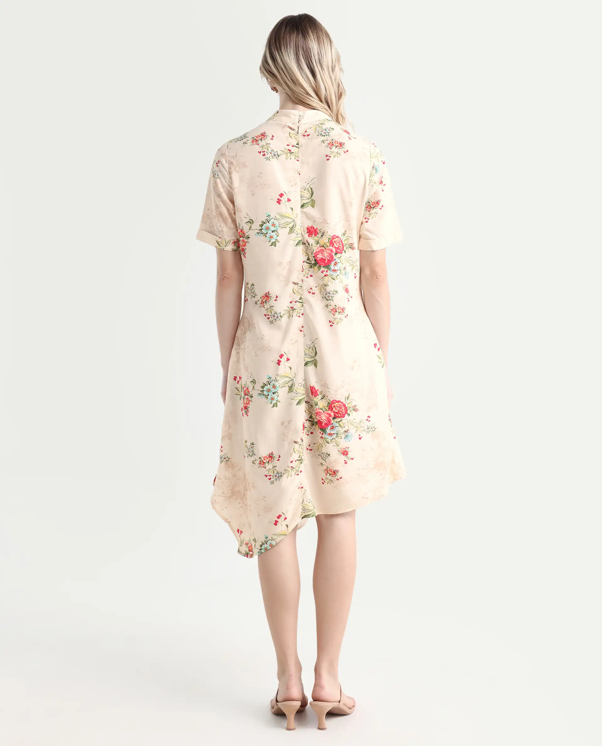 Rareism Women's Kellogs Light Multi Viscose High Neck Floral Print Knee Length Regular Fit Dress - Image 7