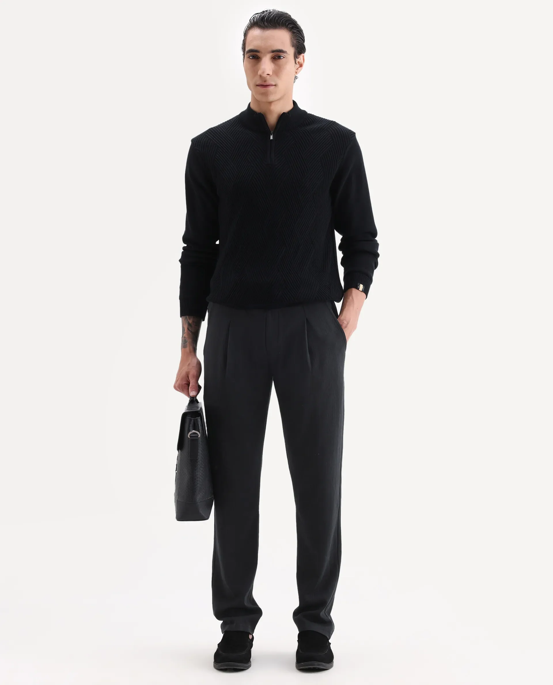 Rare Rabbit Men's Kelo Black Cotton Blend Plain Regular Fit Trouser