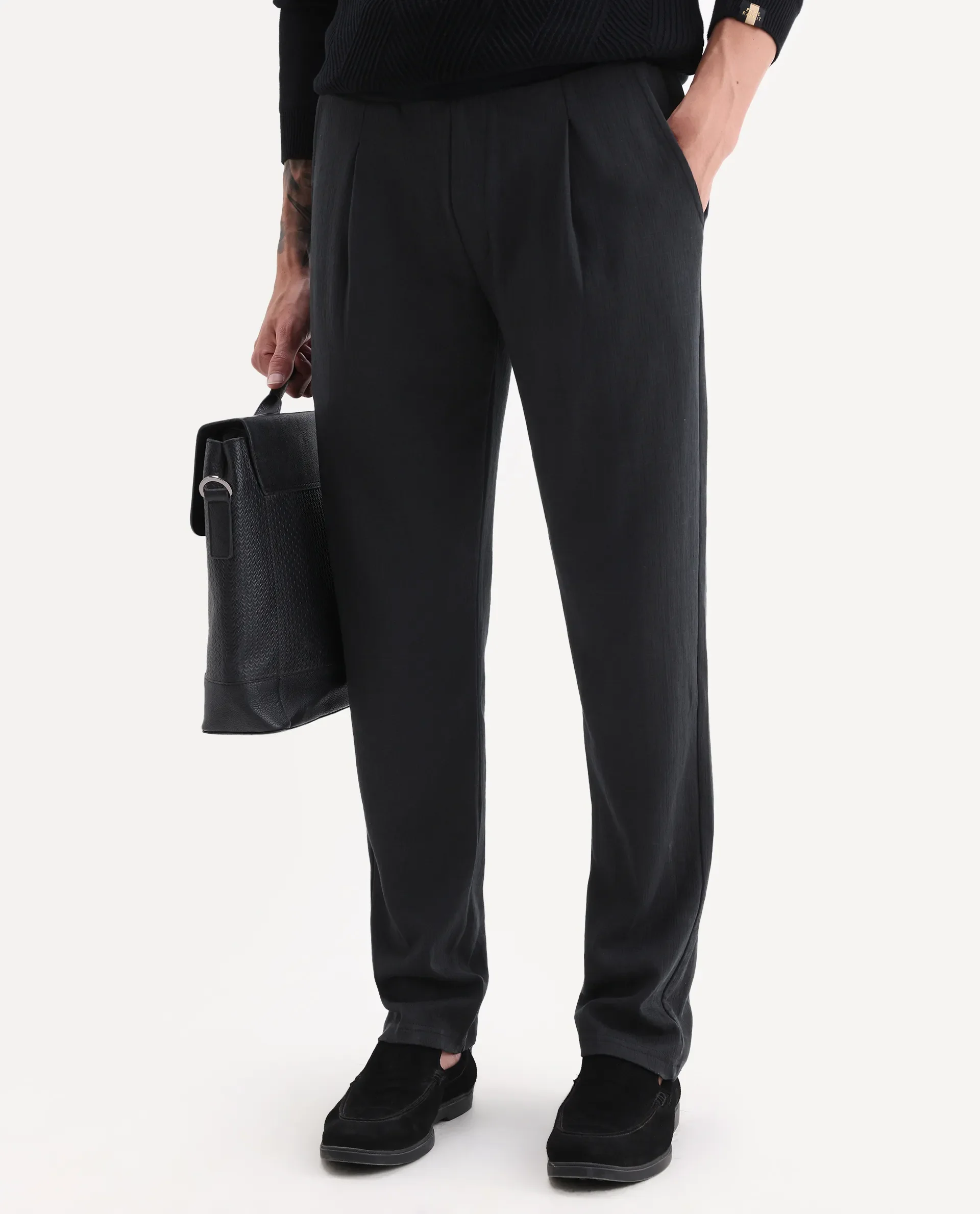 Rare Rabbit Men's Kelo Black Cotton Blend Plain Regular Fit Trouser - Image 2