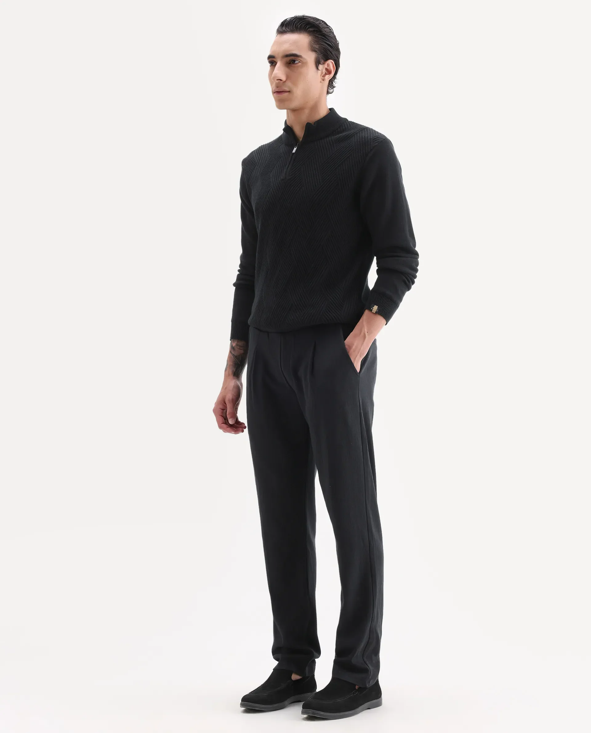 Rare Rabbit Men's Kelo Black Cotton Blend Plain Regular Fit Trouser - Image 4