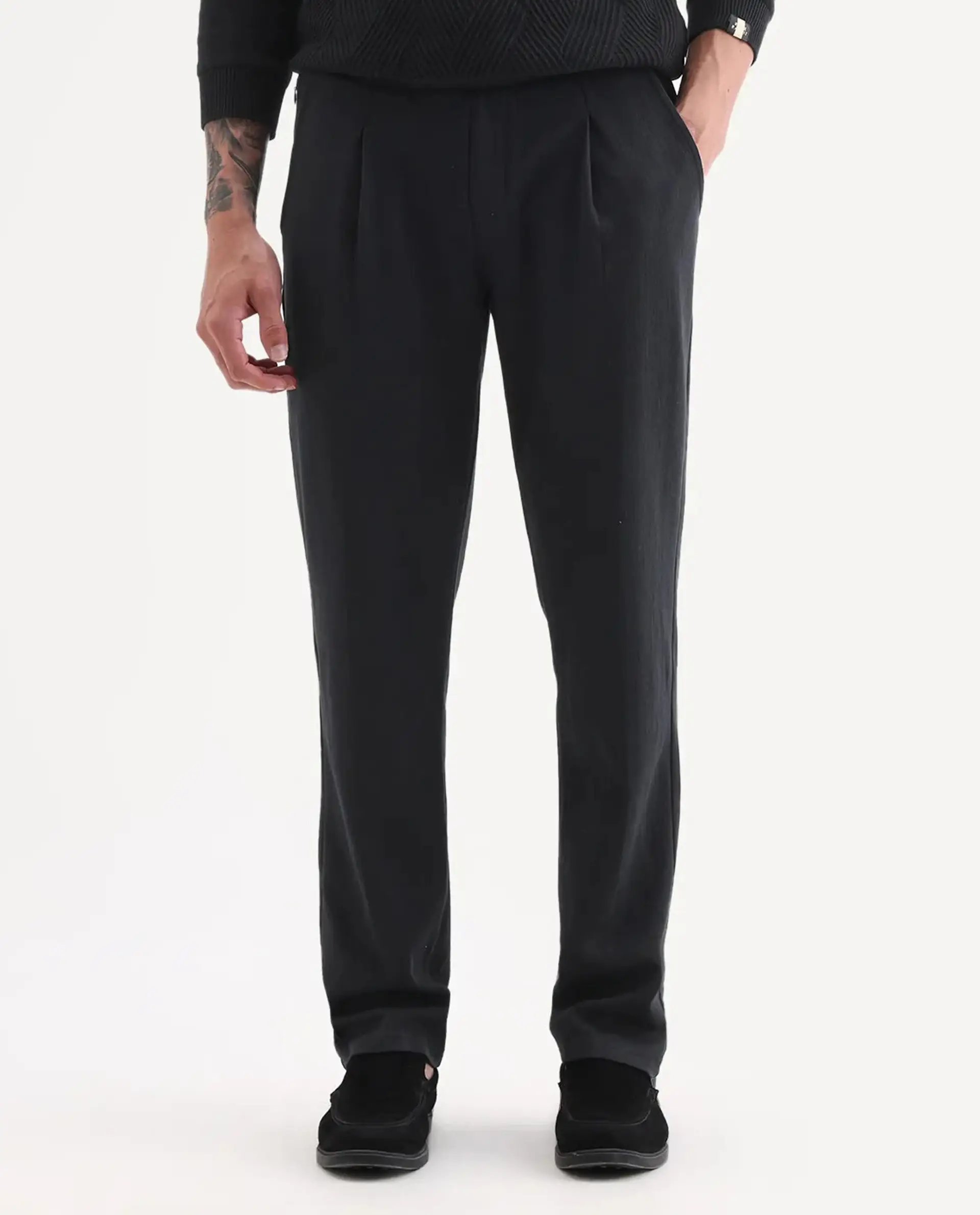 Rare Rabbit Men's Kelo Black Cotton Blend Plain Regular Fit Trouser - Image 9