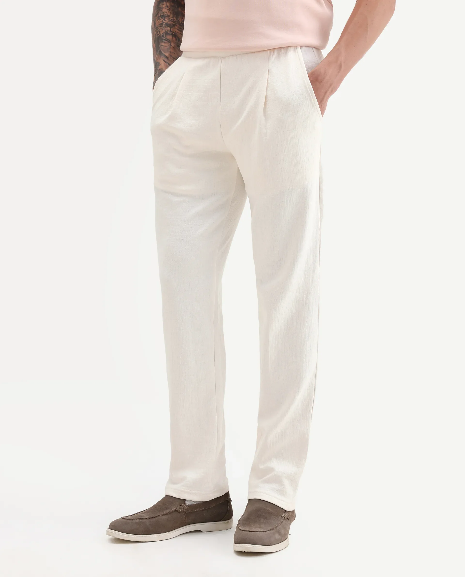 Rare Rabbit Men's Kelo Off White Cotton Blend Plain Regular Fit Trouser - Image 2