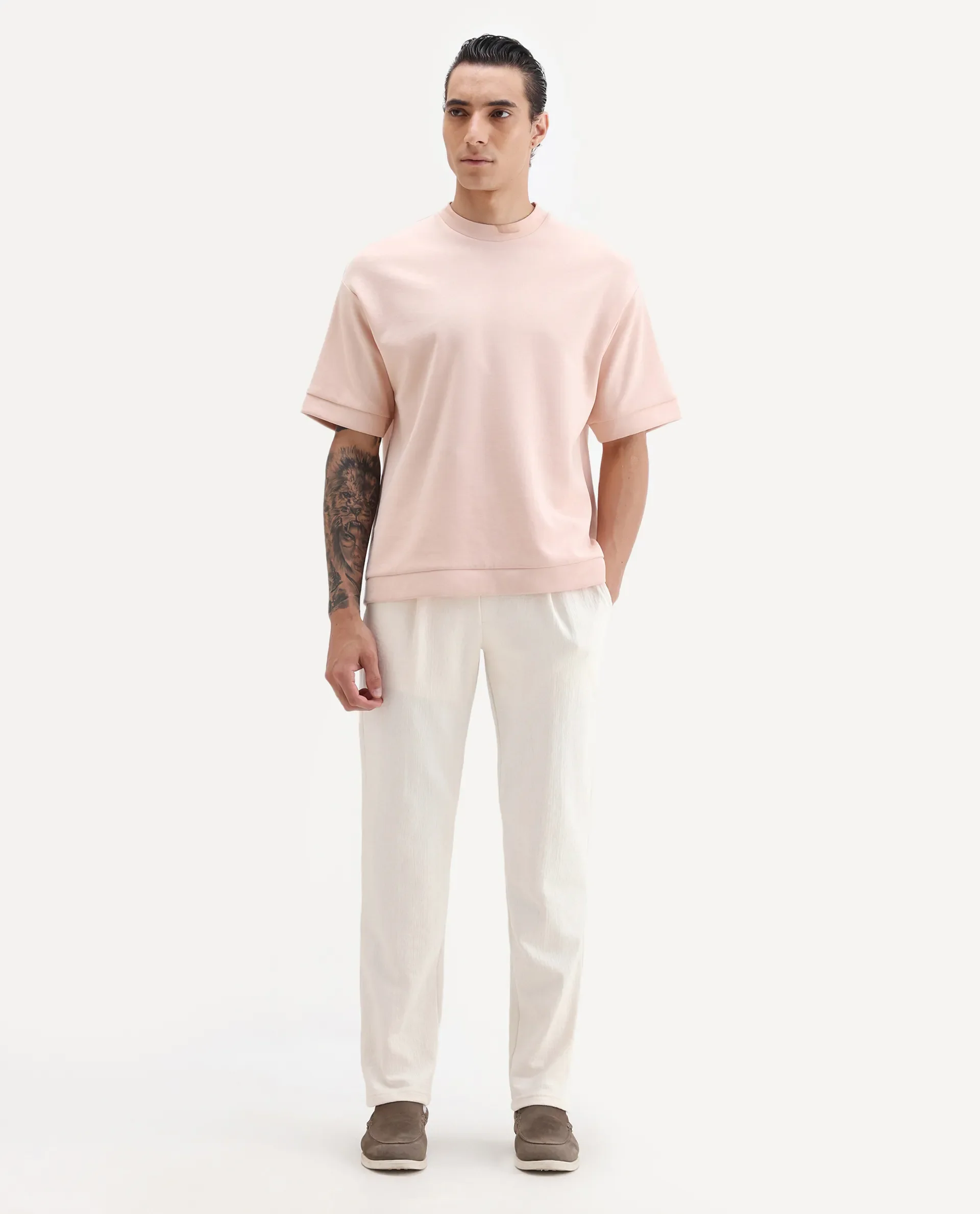 Rare Rabbit Men's Kelo Off White Cotton Blend Plain Regular Fit Trouser - Image 4