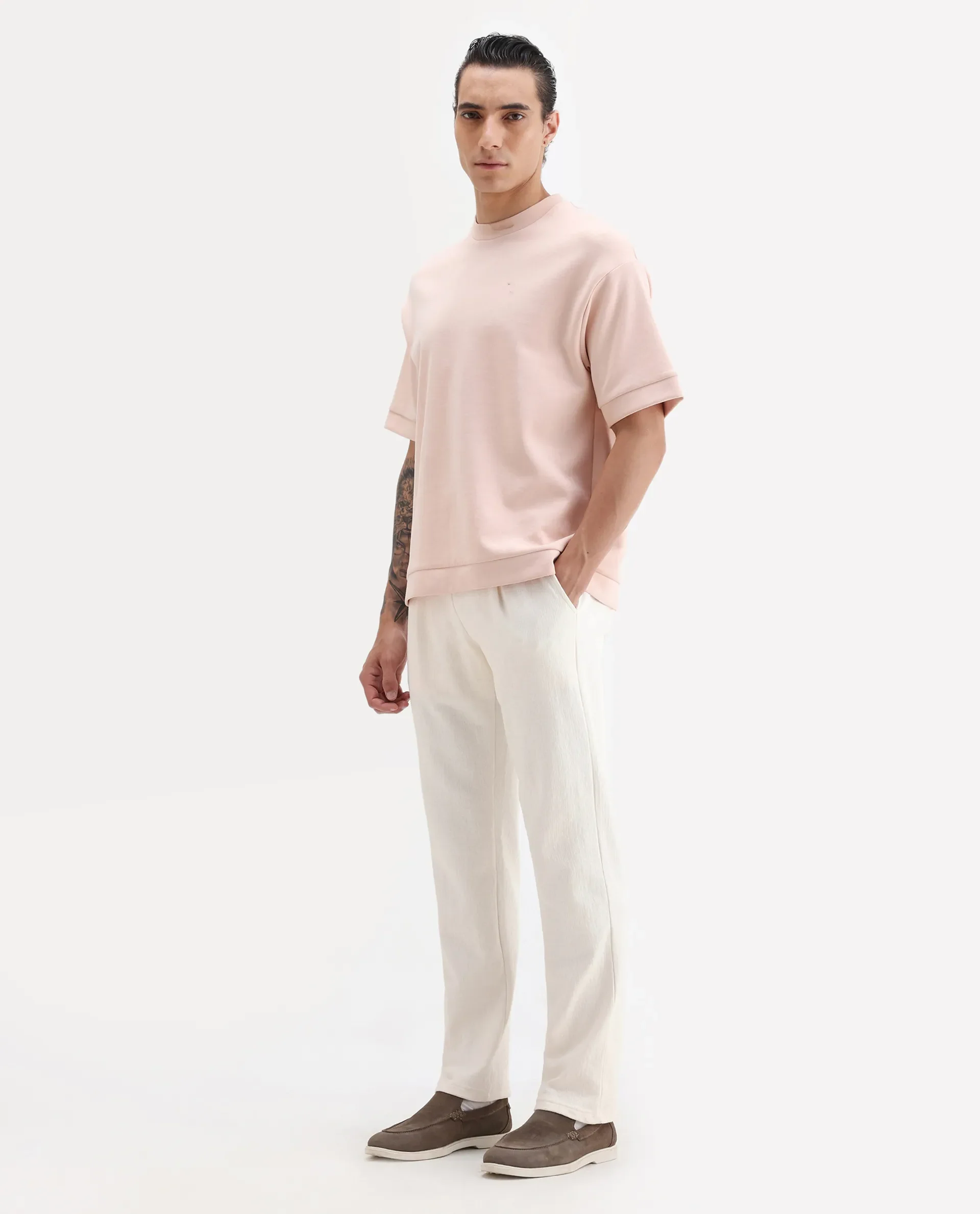 Rare Rabbit Men's Kelo Off White Cotton Blend Plain Regular Fit Trouser - Image 5