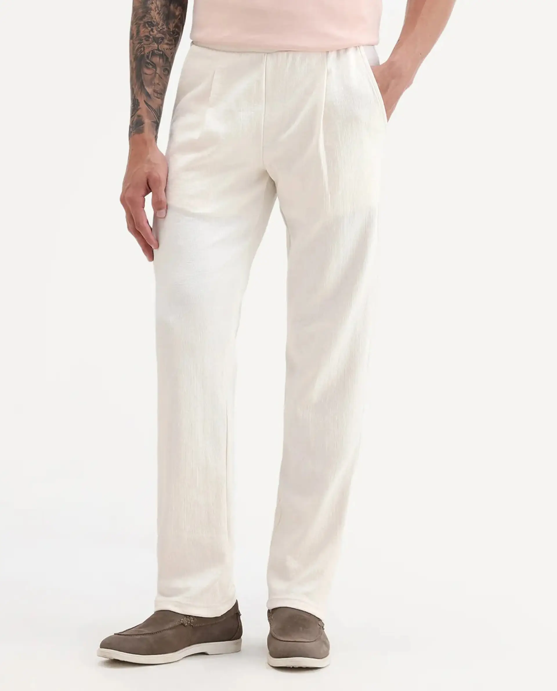 Rare Rabbit Men's Kelo Off White Cotton Blend Plain Regular Fit Trouser - Image 9