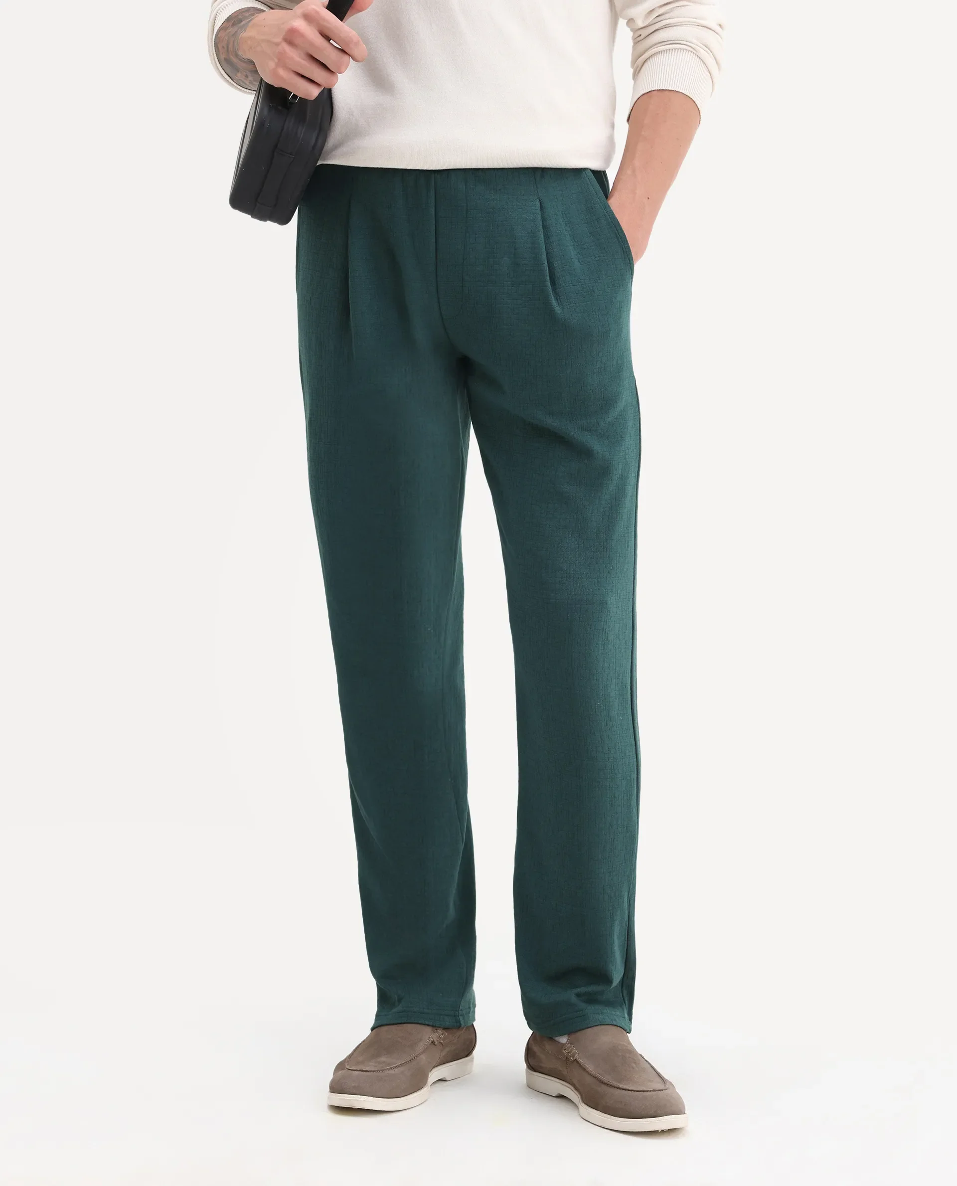 Rare Rabbit Men's Kelo Teal Cotton Blend Plain Regular Fit Trouser - Image 2