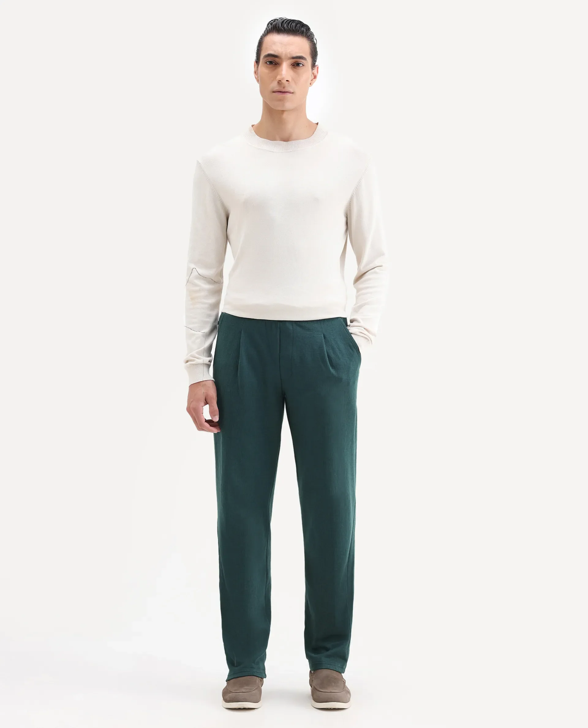 Rare Rabbit Men's Kelo Teal Cotton Blend Plain Regular Fit Trouser - Image 4