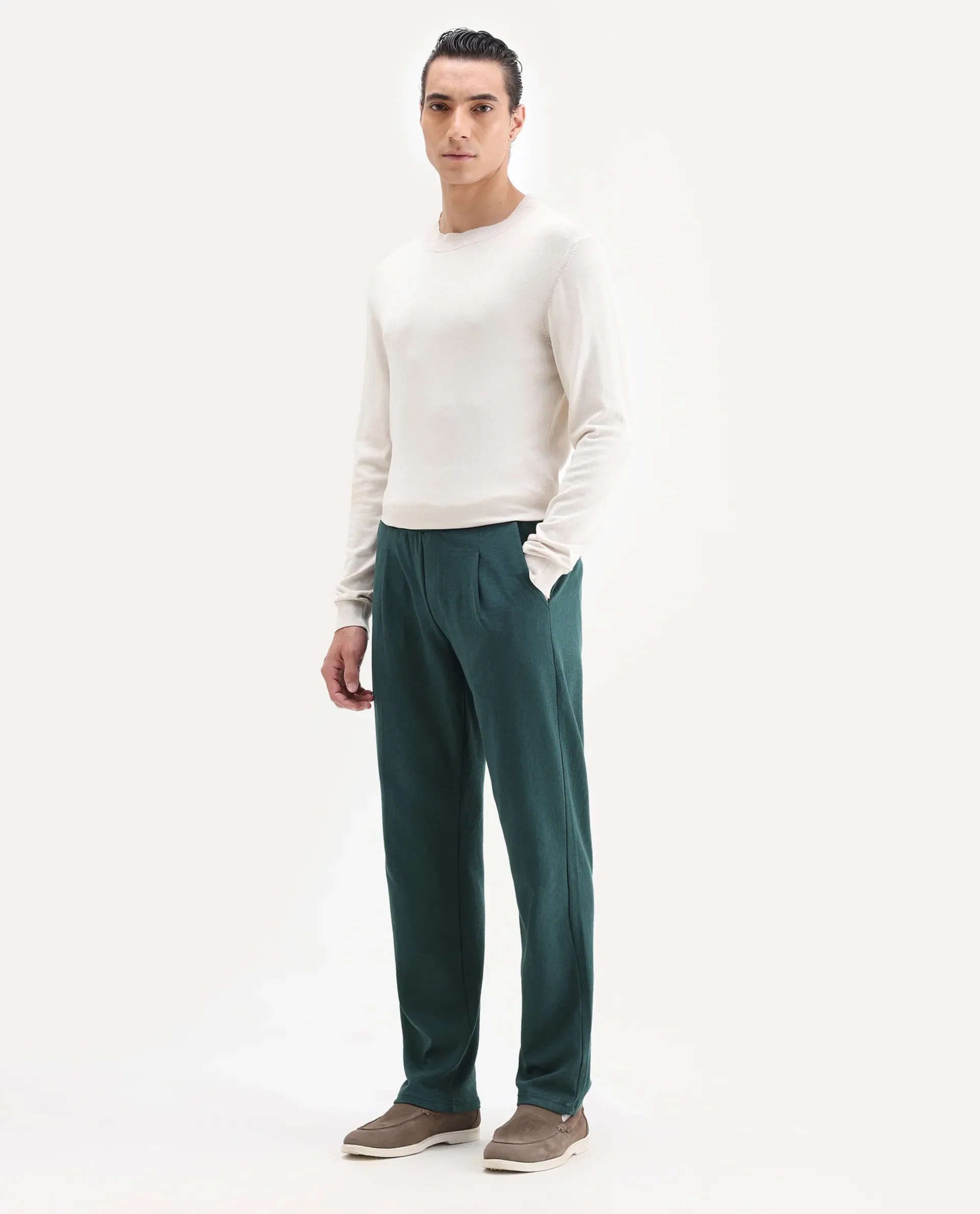 Rare Rabbit Men's Kelo Teal Cotton Blend Plain Regular Fit Trouser - Image 5