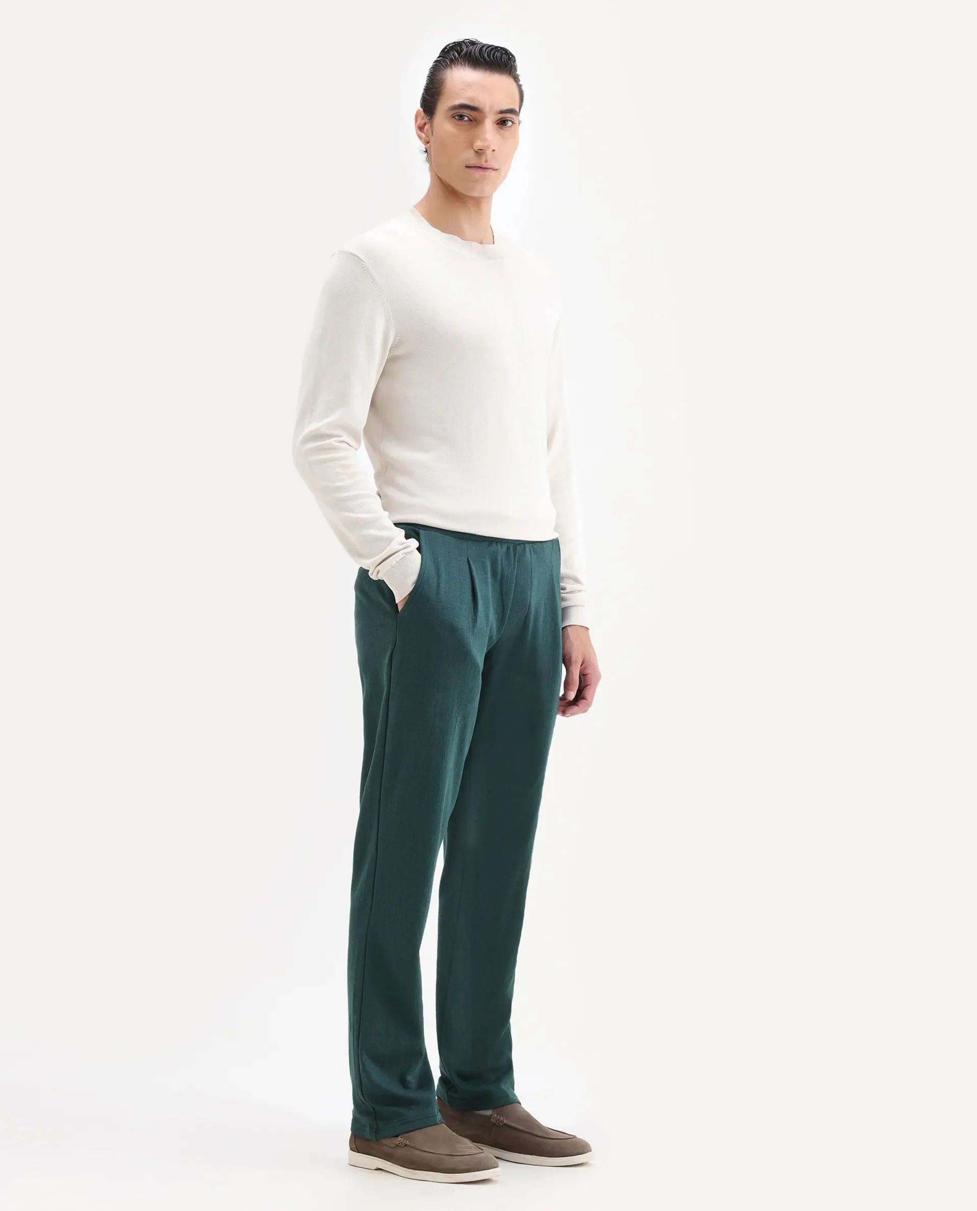 Rare Rabbit Men's Kelo Teal Cotton Blend Plain Regular Fit Trouser - Image 6
