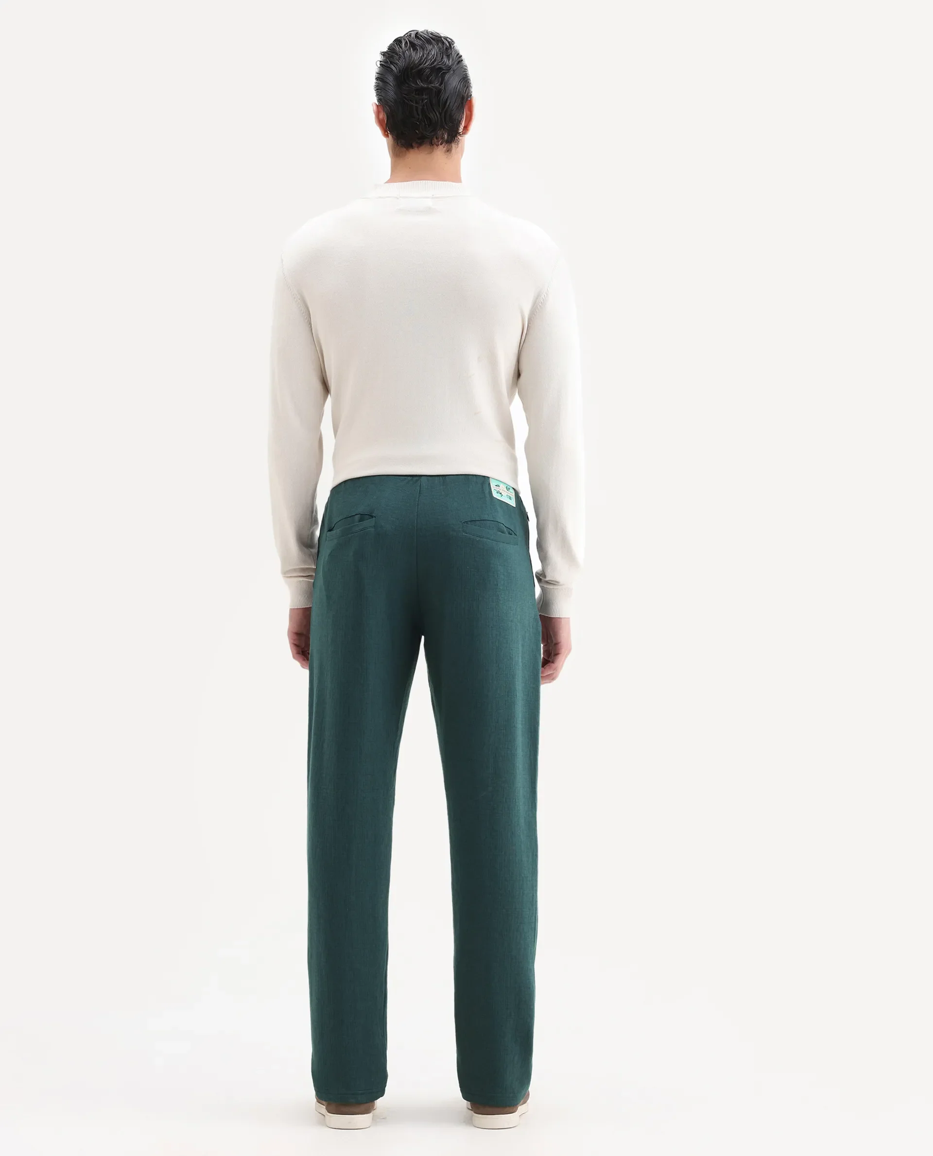 Rare Rabbit Men's Kelo Teal Cotton Blend Plain Regular Fit Trouser - Image 7