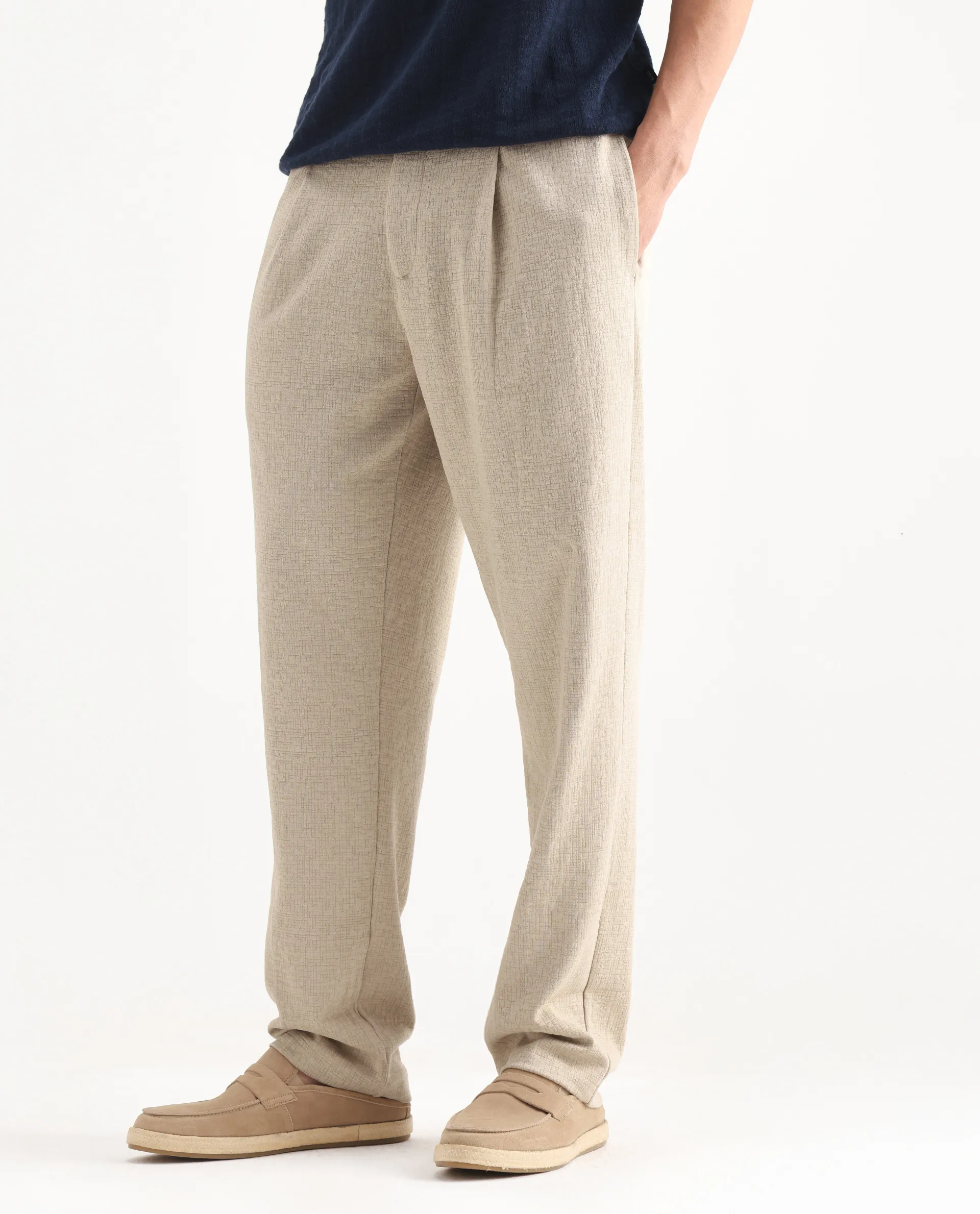 Rare Rabbit Men's Keloe Beige Cotton Blend Plain Relaxed Fit Trouser - Image 2