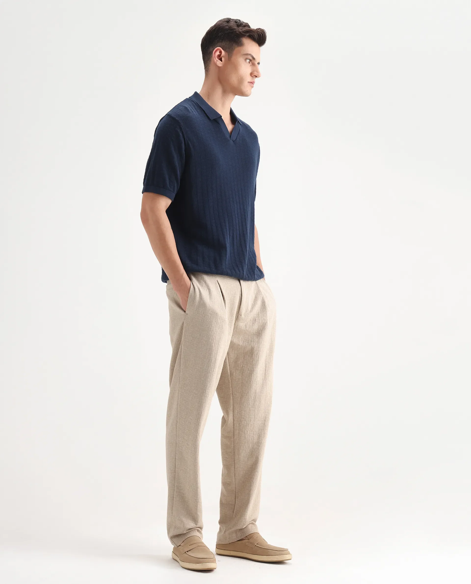 Rare Rabbit Men's Keloe Beige Cotton Blend Plain Relaxed Fit Trouser - Image 4