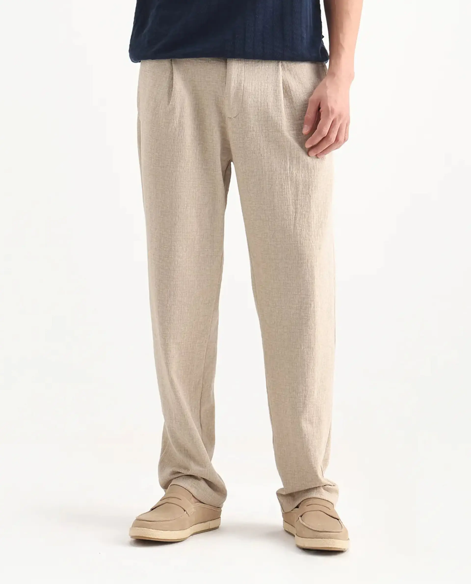 Rare Rabbit Men's Keloe Beige Cotton Blend Plain Relaxed Fit Trouser - Image 9